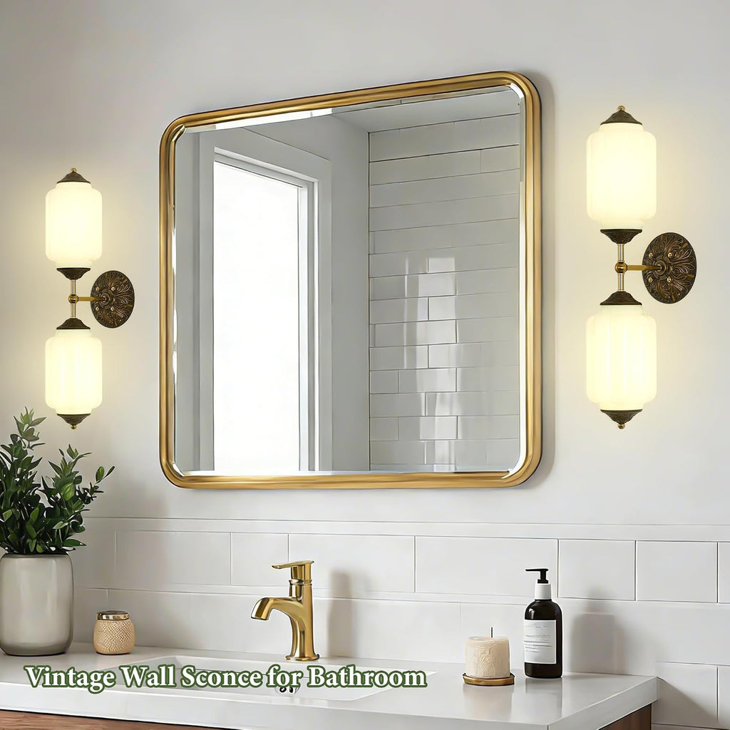 Vintage Milk Glass Bathroom Vanity Light - 25' Green Dimmable Wall Sconce with Bulb - Mid Century Vertical or Horizontal Mounted Sconces - Modern Brass Gold Lighting Fixture for Indoor Bedroom Hallway
