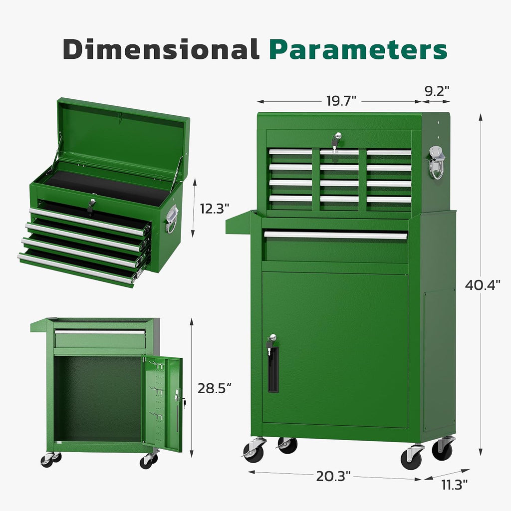 Greenvelly Tool Chest, 5-Drawer Rolling Tool Chest with Hooks and Lockable Wheels,Metal Storage Detachable Top Tool Box with Lockable Wheels for Garage,Workshop,Art Studio(Green)