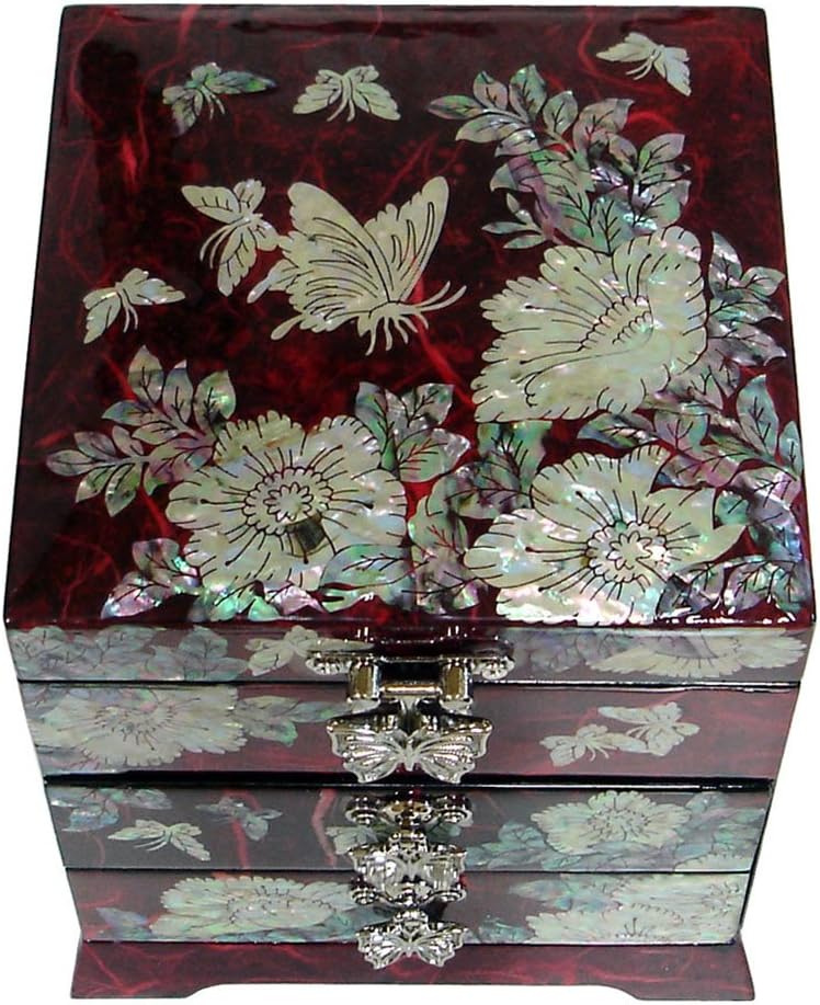 Antique Alive Mother of Pearl Inlay Design Jewelry Box, Wood Jewelry Box, Trinket Case, Keepsake Treasure Chest Box Organizer Holder (Flower)