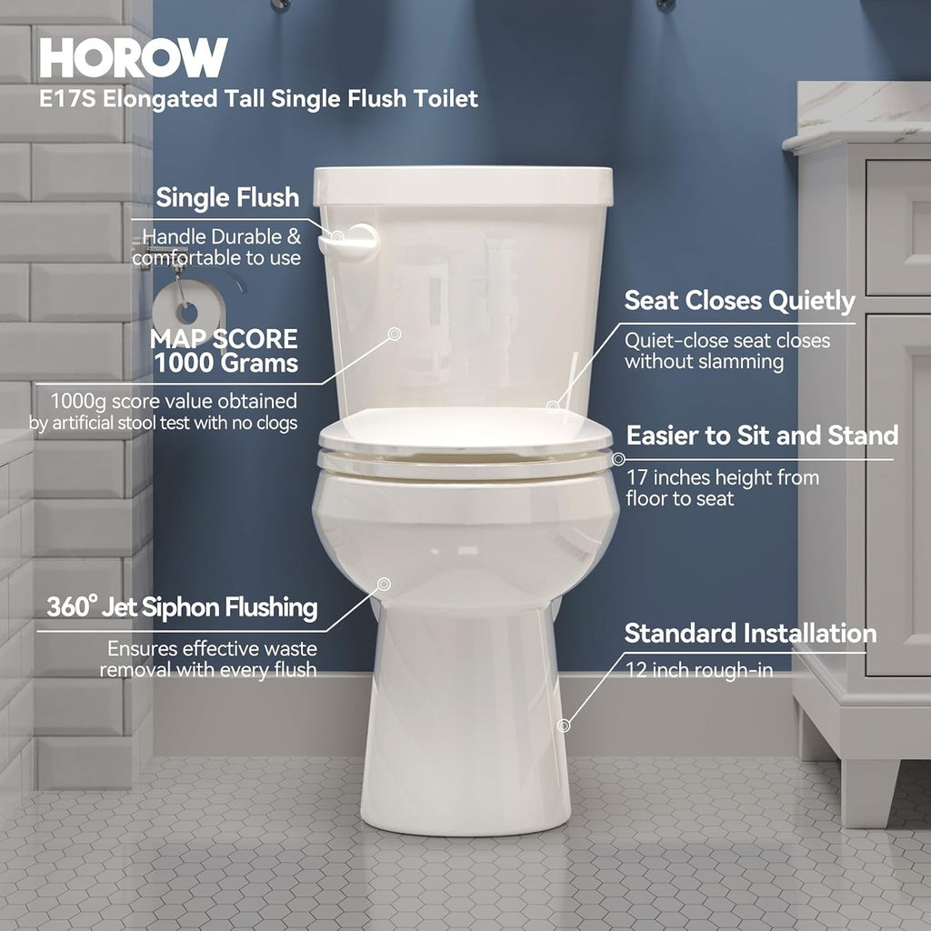 HOROW 17 Inch High Elongated Toilet with ADA Chair Height, Two Piece Toilet with Powerful 1.28 GPF Single Flush, MAP 1000g, Extra Tall Bowl Suitable for Tall Person & Seniors