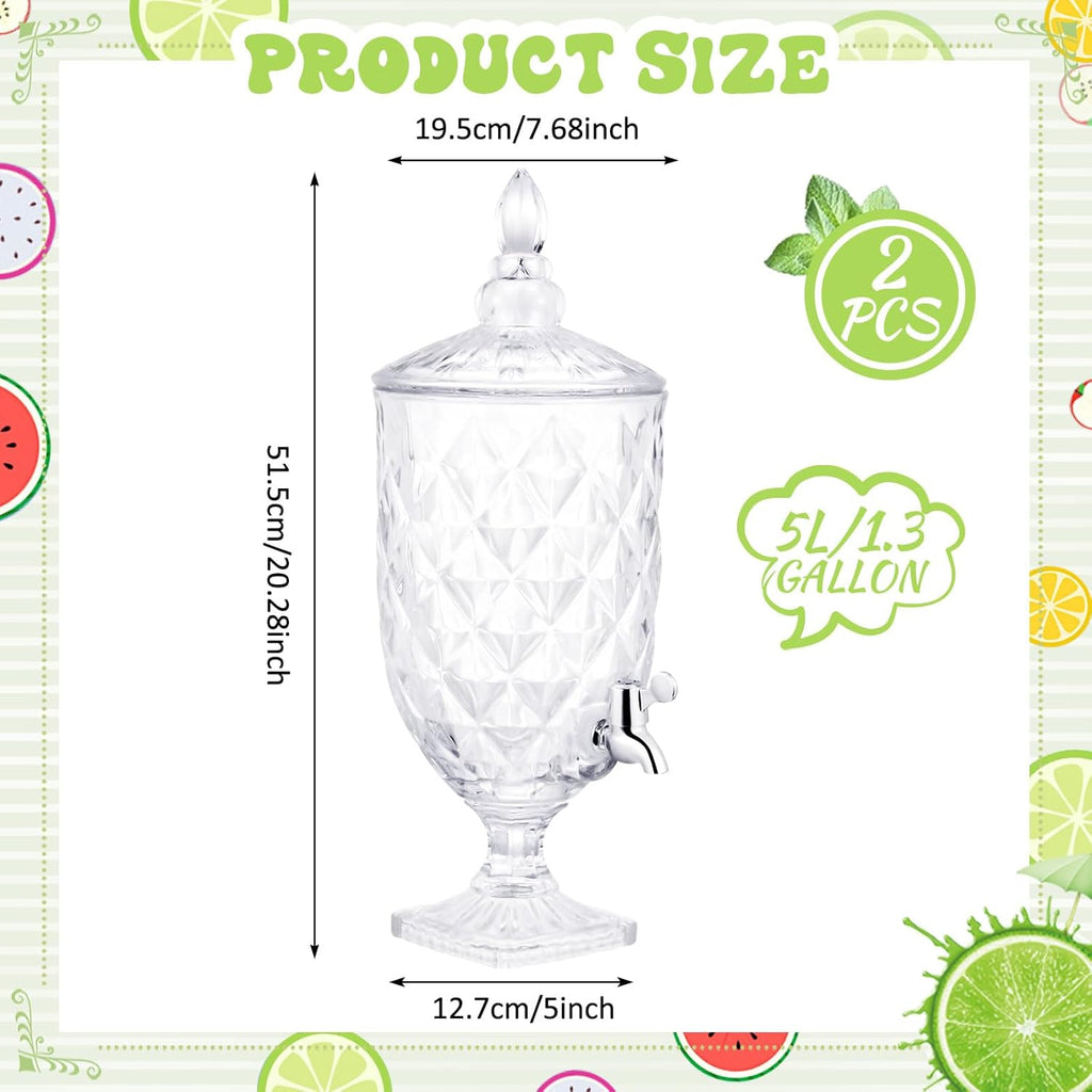 Bokon 2 Pieces 1.3 Gallon Drink Dispensers for Parties Crystal Iced Beverage Dispenser with Stand and Spigot, Glass Liquid Containers Wide Mouth Beverage Server for Juice Tea Wedding(Delicate)