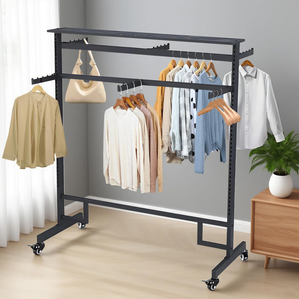 Retail Clothing Rack with wheels, 6 Arms Commercial Clothing Display, Height Adjustable Garment Rack, Free Standing Metal Clothing Rack, for Retail clothing store Home Laundry Room (black)