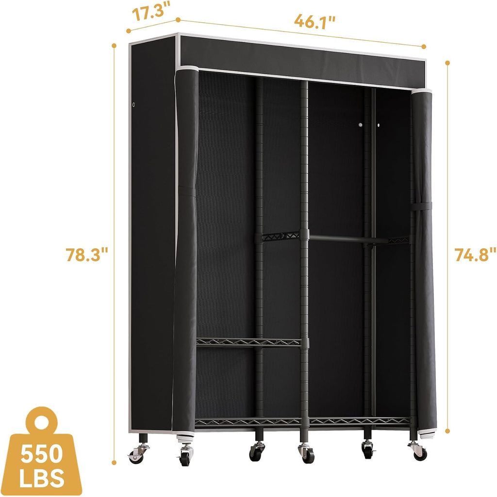 Higeego H9 Garment Rack with Cover, Heavy Duty Clothing Rack for Hanging Clothes, Portable Closet with wheels, Wardrobe Closet with Adjustable Shelves, Black Rack Shelf with Black Fabric Cover
