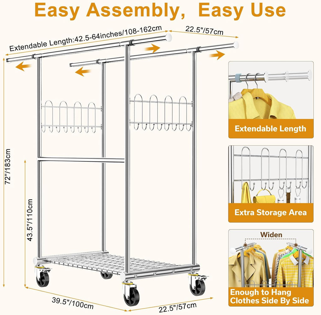 Stainless Steel Heavy Duty Clothes Rack Load 960LBS, Freestanding Garment Racks with Three Rods for Hanging, Rolling Clothing Rack with 360° Wheels for Bedroom Laundry Commercial