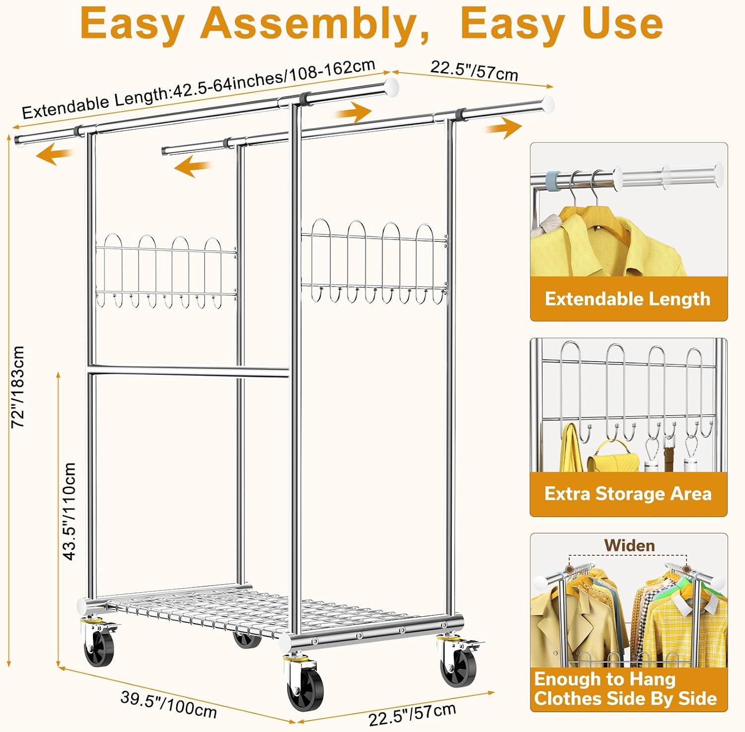 Stainless Steel Heavy Duty Clothes Rack Load 960LBS, Freestanding Garment Racks with Three Rods for Hanging, Rolling Clothing Rack with 360° Wheels for Bedroom Laundry Commercial