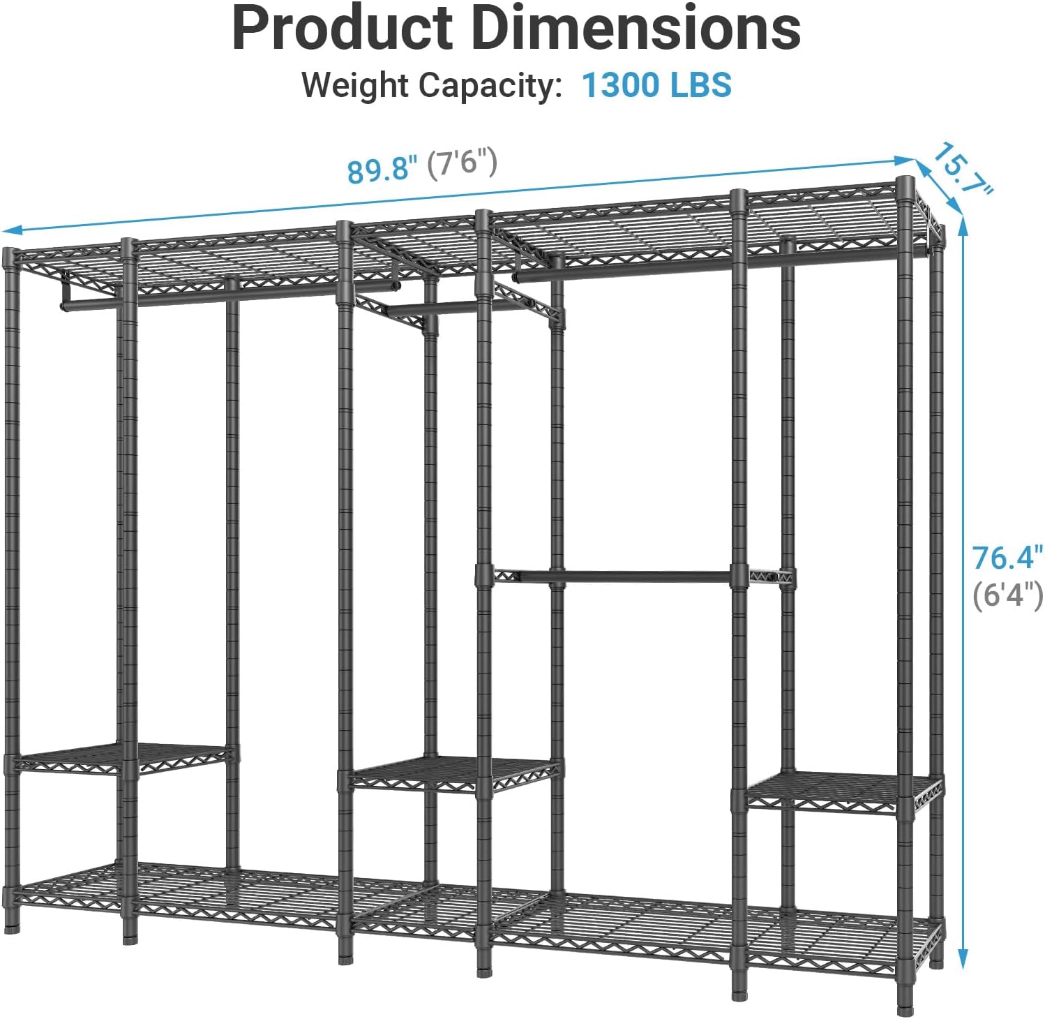 VIPEK V50 Heavy Duty Clothes Rack, Extra Large Freestanding Garment Rack with Adjustable Shelves, Open Closet Storage System for Bedroom, Reach-in/Walk-in Closet, 1300 lbs Capacity, Black