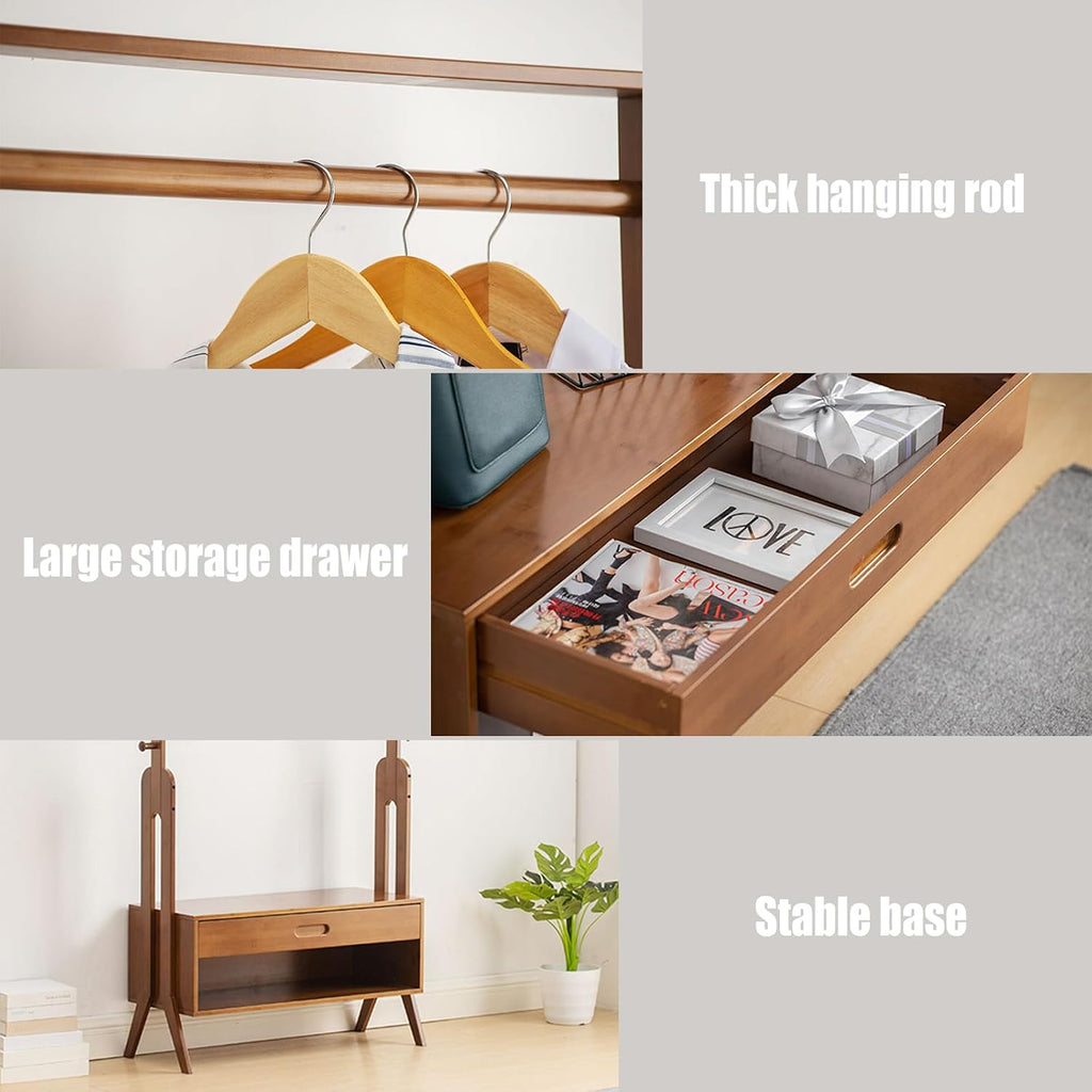 Bamboo Garment Rack with Drawers, Freestanding Wooden Clothing Rack with Hooks, Heavy Duty Coat Rack with Shelves Multifunctional Open Wardrobe Closet Organizer for Entryway Bedroom Indoor (A)