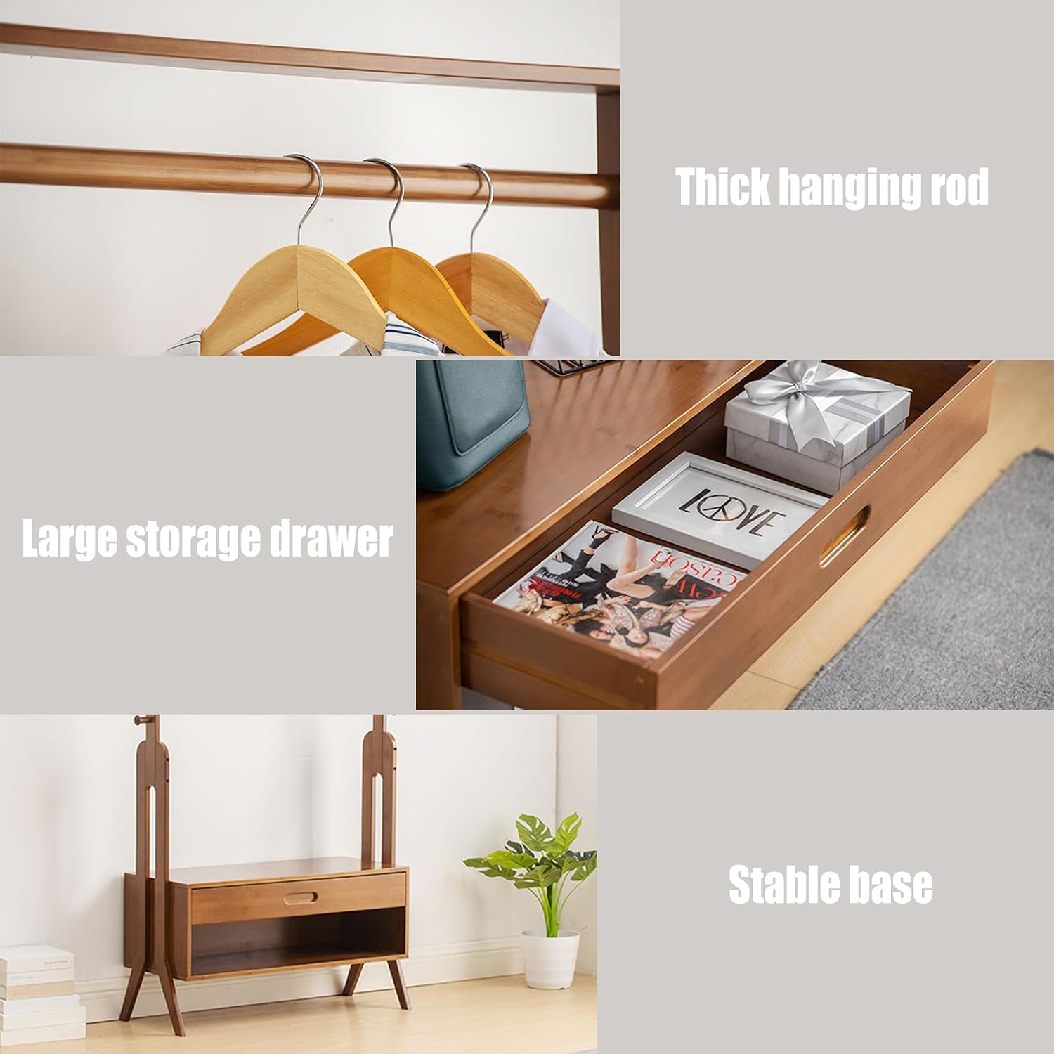Bamboo Garment Rack with Drawers, Freestanding Wooden Clothing Rack with Hooks, Heavy Duty Coat Rack with Shelves Multifunctional Open Wardrobe Closet Organizer for Entryway Bedroom Indoor (A)