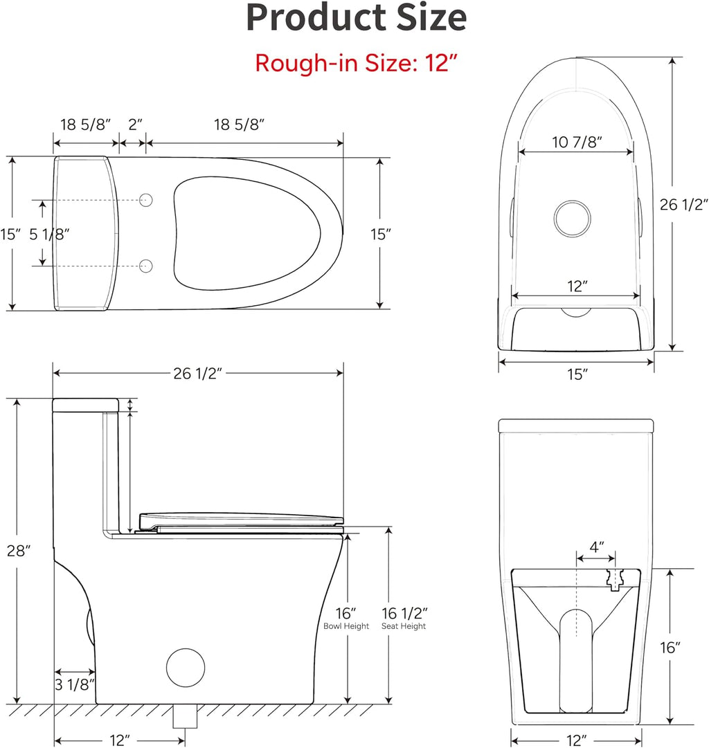 KE KING One Piece Toilet with Powerful Flush, Compact Toilet Elongated Side Lever Flush 1.28 GPF, Sleek Design White Toilet Bowl, MAP Score 1000g, 12'' Rough-in, Certified Quality