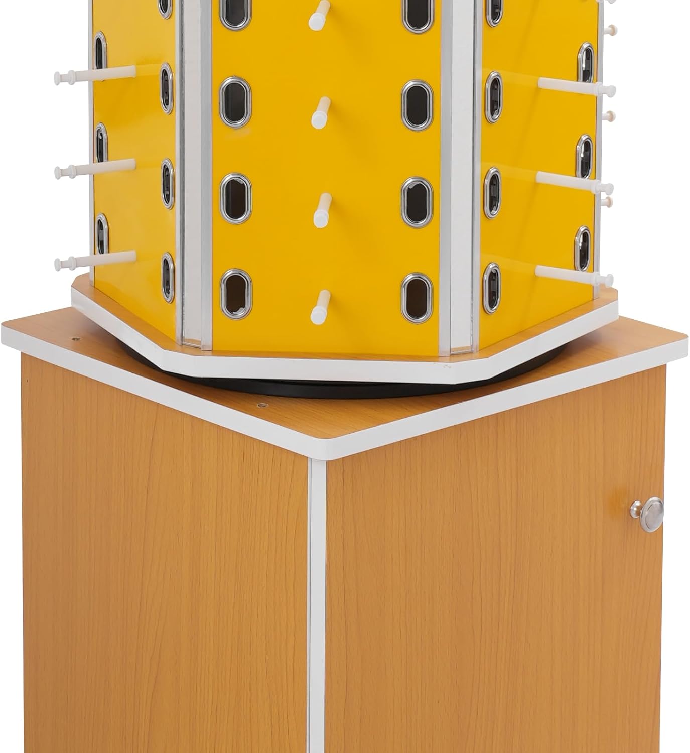 Sunglasses Retail Display Rack, 6-Sided Wood Floor-standing Eyeglass Holder, 102-Pair Eyewear Holder, 360°Rotating, with Storage Cabinet & 4 Swivel Wheels for Retail Exhibition (Yellow)