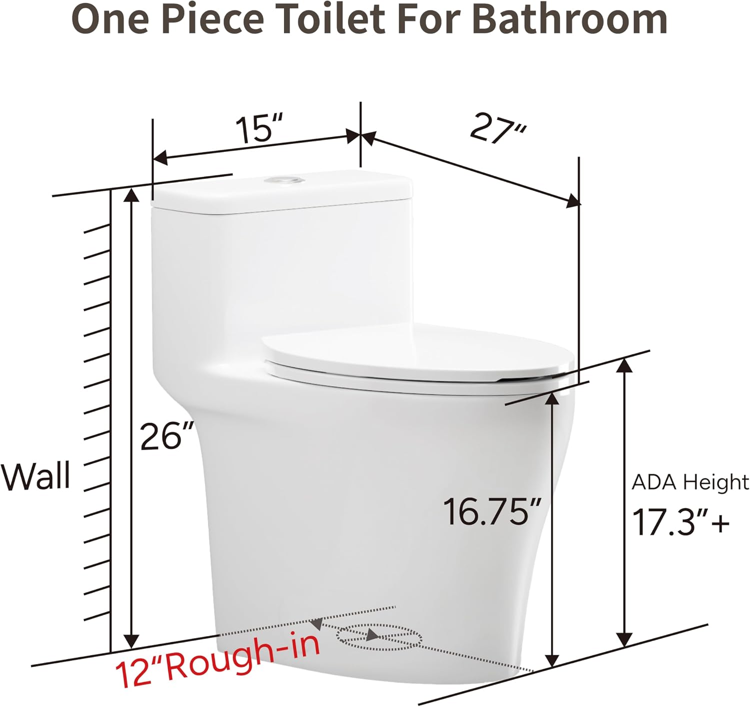 KE KING Compact One Piece Toilet,ADA Height 17.3+',Modern Toilet with Comfort Chair Seat, Dual Flush 0.8/1.28 GPF Elongated Toilet for Bathroom, MAP 1000g,12' Rough-In,white