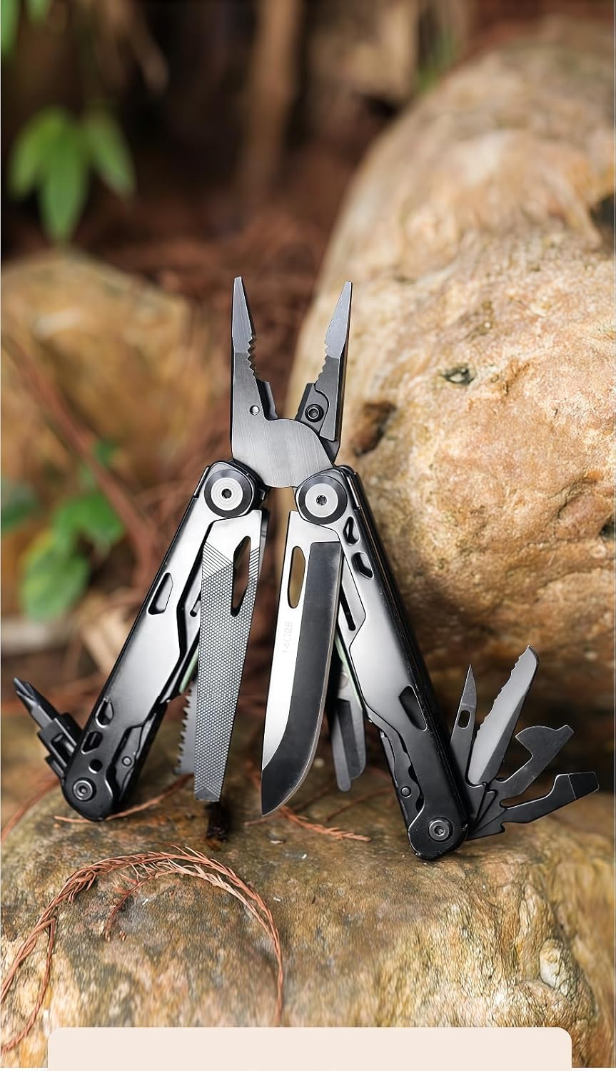 Multitool, 20-in-1 Full-Size, Lightweight EDC, Multi-Purpose Pliers, Pocket Knife, Tactical Gear, Nylon Bag, Tools, Gifts for Guys, Equipment for Emergencies, Hiking, and Outdoor Camping (Black)