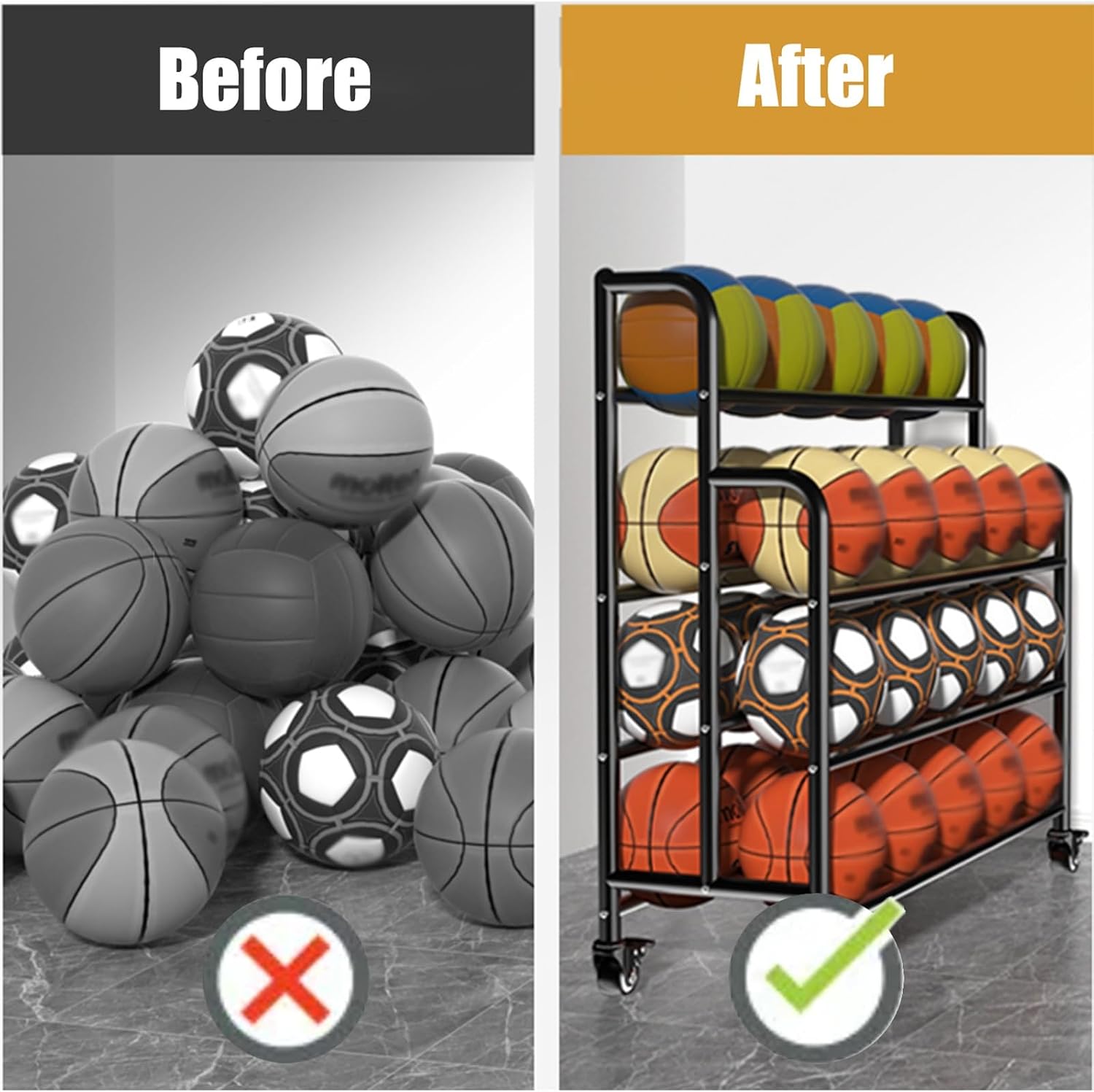Home Gym Organizer Rack Black Basketball Rack Cart, Lockable Rolling Balls Holder for Gym/Family/Garage/School/Club Display, Freestanding Volleyball Football Organizer Holder