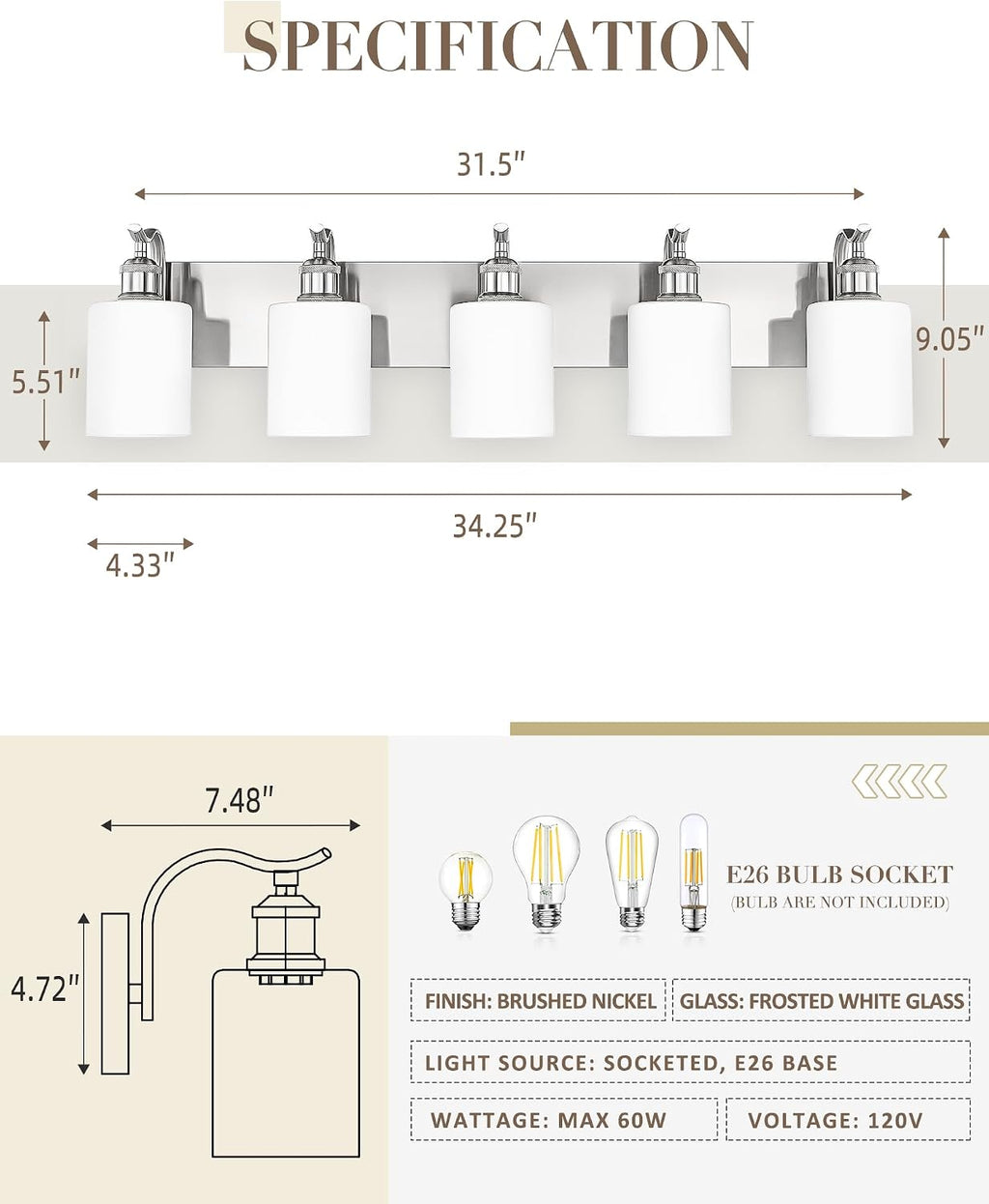 5 Light Bathroom Vanity Light, Brushed Nickel Vanity Lights for Morden Bathroom Lighting Fixtures Over Mirror Wall Light Fixtures with Milky White Frosted Shade ZCVL01BNW-5