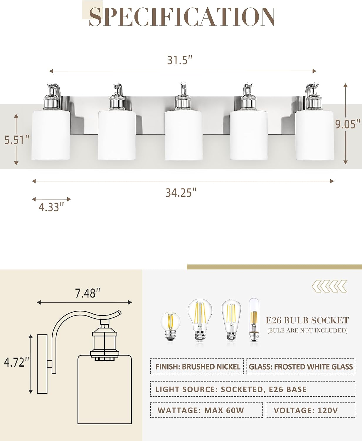 5 Light Bathroom Vanity Light, Brushed Nickel Vanity Lights for Morden Bathroom Lighting Fixtures Over Mirror Wall Light Fixtures with Milky White Frosted Shade ZCVL01BNW-5