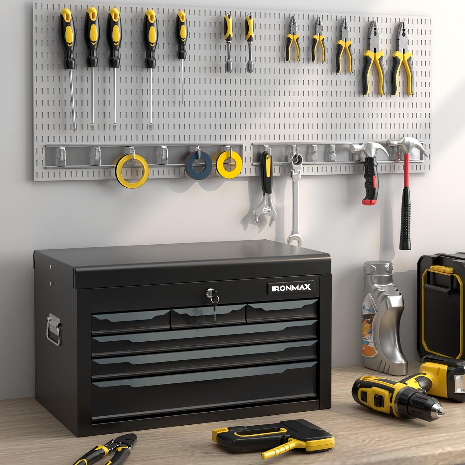 IRONMAX Small Tool Box, 24' Lockable Steel Toolbox with 6 Drawers & Top Tray, Heavy Duty Tool Chest Cabinet Storage Organizer for Garage, Workshop, Repair Shop, Warehouse (Black)