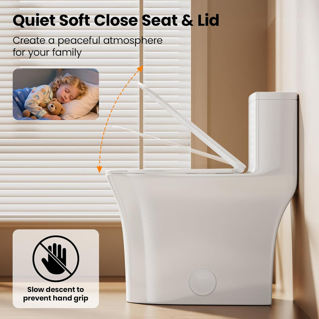 One Piece Sleek Modern Toilet, ADA Chair Seat Height 17', Dual Flush 0.9/1.28 GPF, MAP 1000g, 12' Rough-In, Compact Fully Skirted Toilet for Bathrooms Soft Close Seat