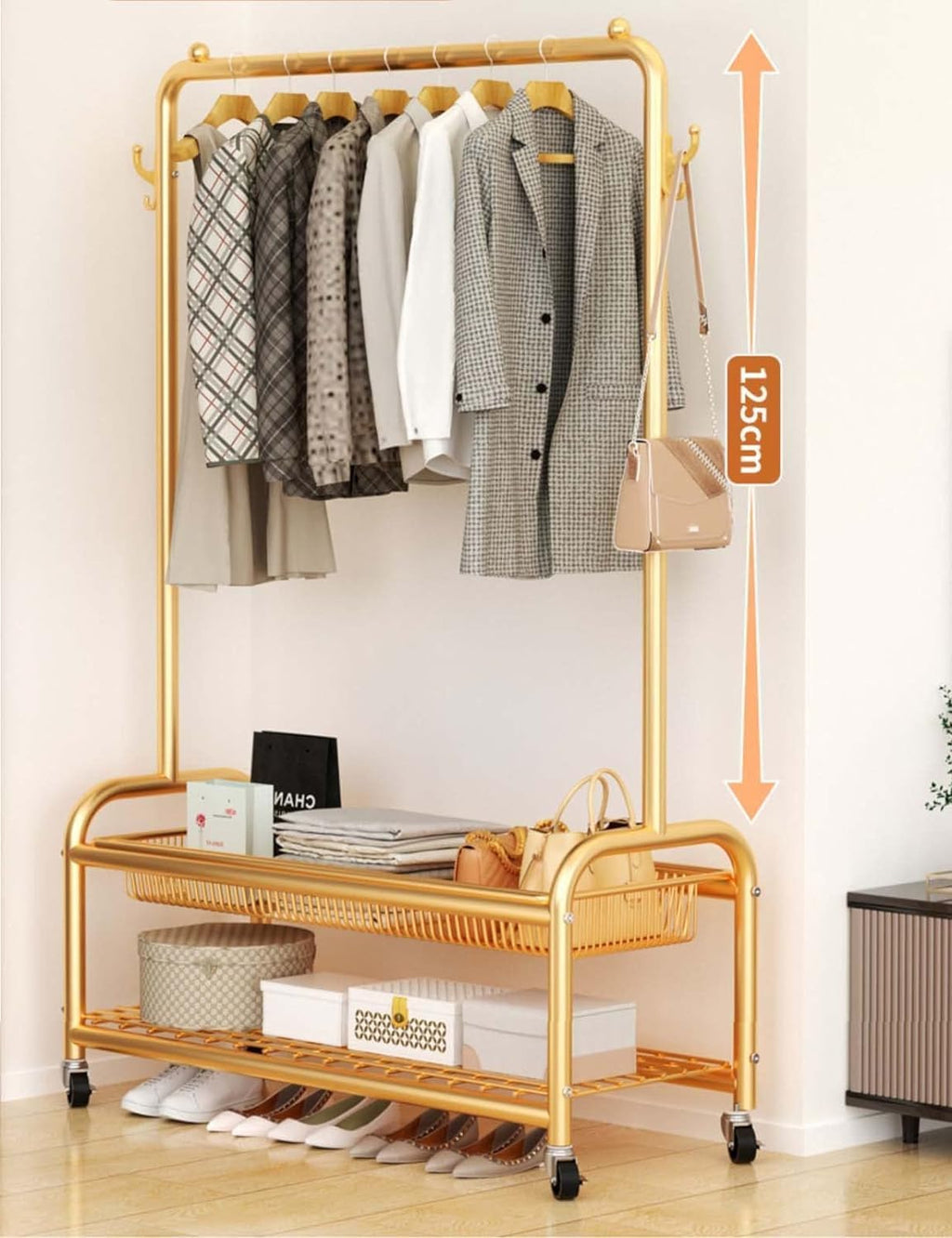 Clothes Rack On Wheels 24x14x61 in, Clothing Rack with Bottom Mesh Storage Shelf, Modern Simple Heavy Duty Metal Rolling Garment Rack with Wheel, Metal Coat Wardrobe Rack