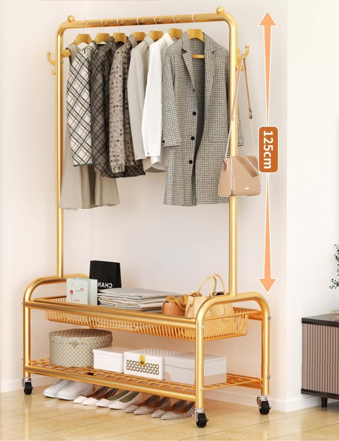 Clothes Rack On Wheels 24x14x61 in, Clothing Rack with Bottom Mesh Storage Shelf, Modern Simple Heavy Duty Metal Rolling Garment Rack with Wheel, Metal Coat Wardrobe Rack