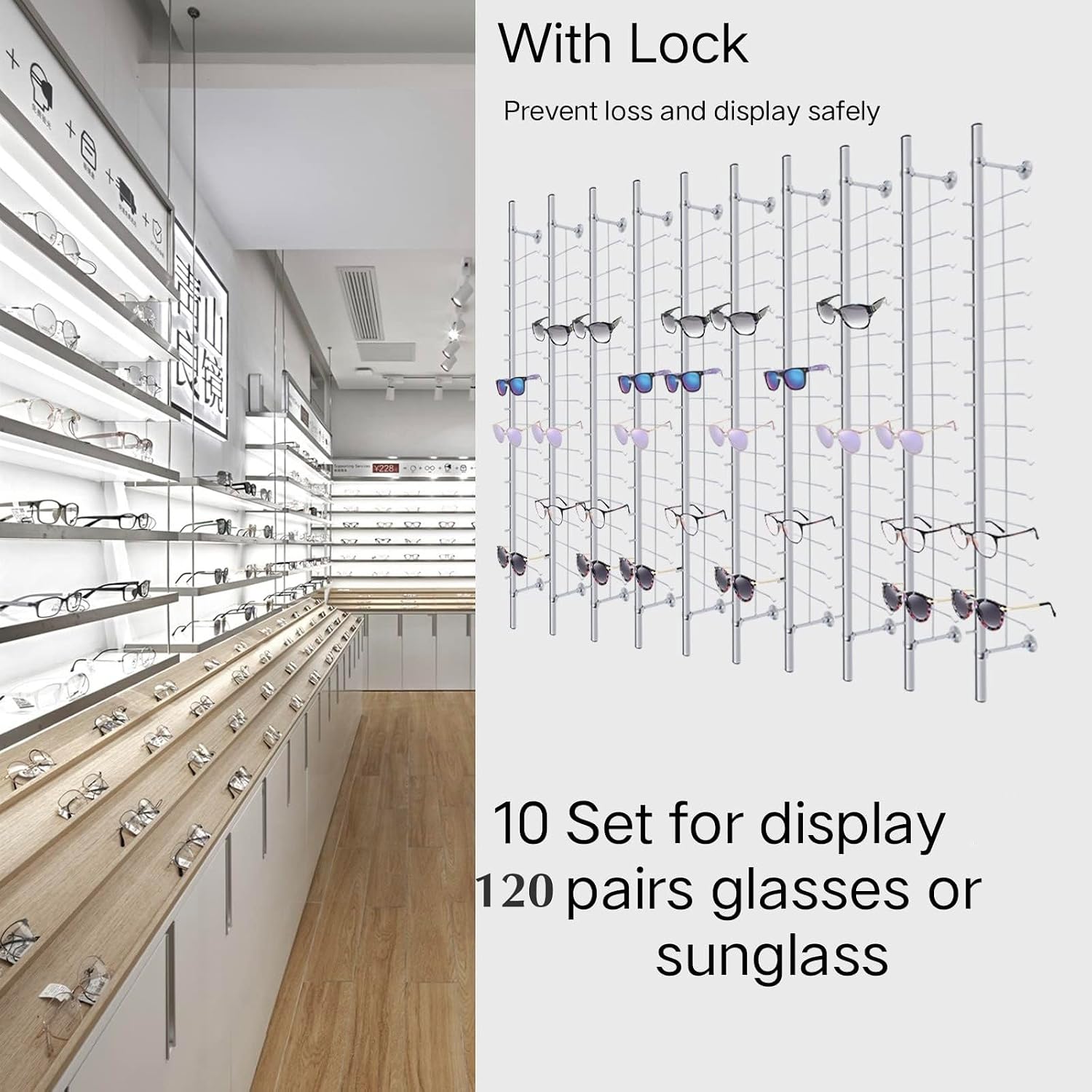 Eyewear Display Sunglass Display Stand Store Retail Display Glasses Holder Stand Sunglasses Display Stand Sunglasses Sunglasses Rack (Wall Riser Display 120 Pairs(With Lock))