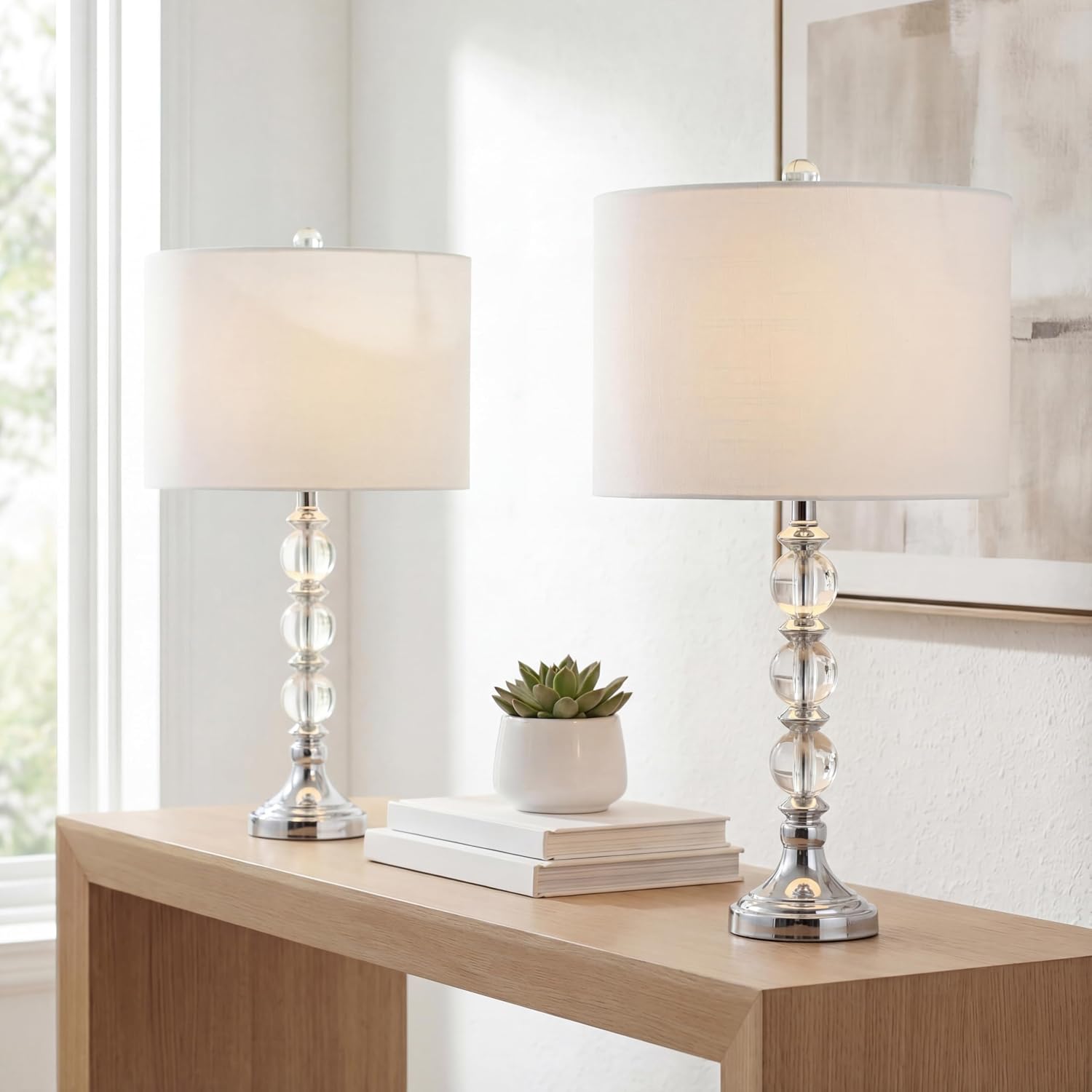 JONATHAN Y 26' Clear/Chrome Crystal LED Table Lamp Set of 2, Transitional Faceted Glass and Metal Nightstand Lamps with White Linen Drum Shade, LED Bulbs Included JYL5041A-SET2