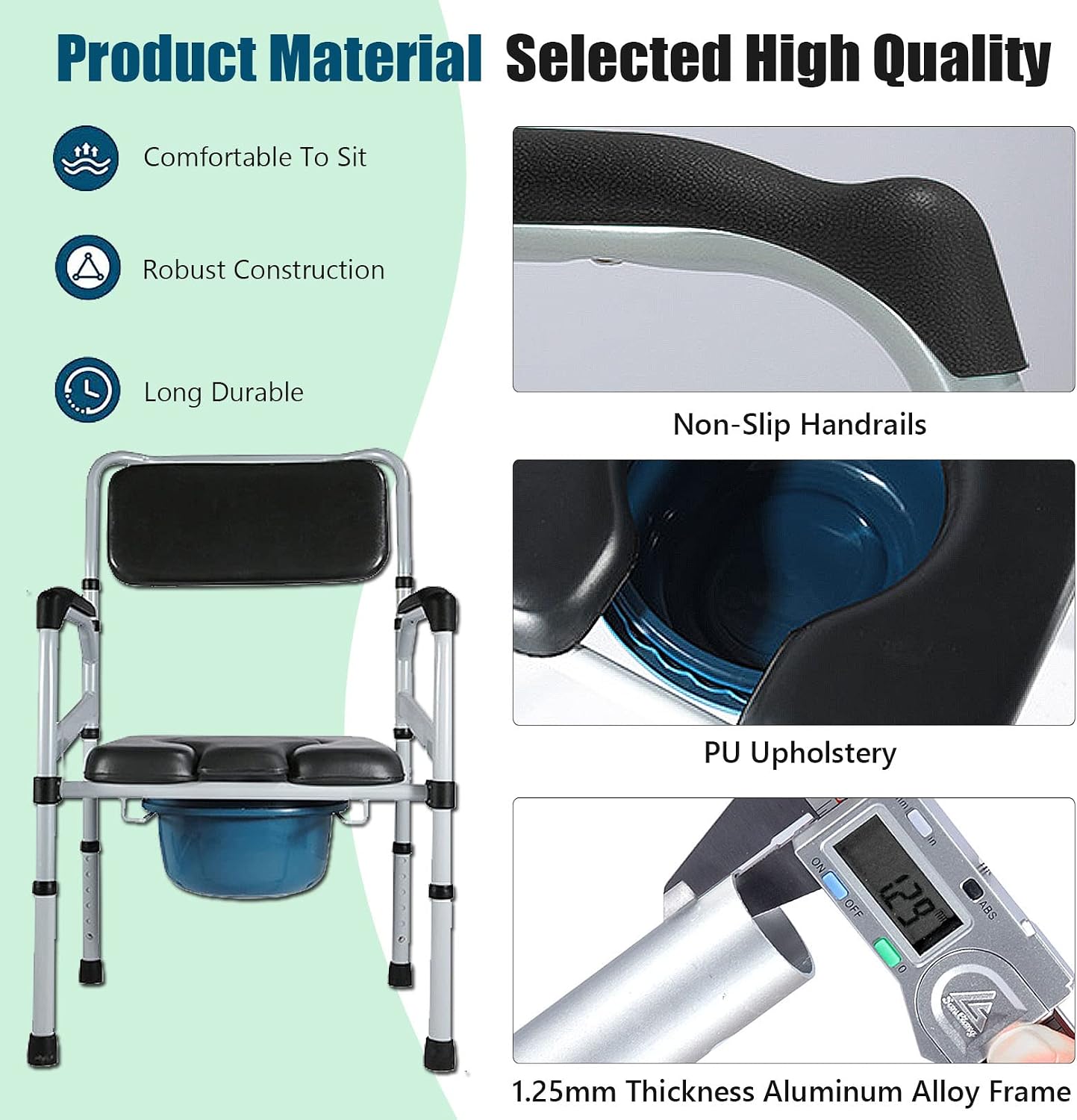 Raised Toilet Seat with Handles and Back, Bedside Commode Chair 6-Gears Height Adjustable Heavy Duty Shower Chair for Adults, Senior, Elderly,Handicap, Disabled