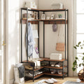 Giantex Corner Coat Rack with Shoe Bench, L-Shaped Garment Rack with 5 Shelves & 7 Hooks, Heavy Duty Freestanding Clothes Racks Entryway Bench with Shoes Organizer for Hallway (Walnut & Black)