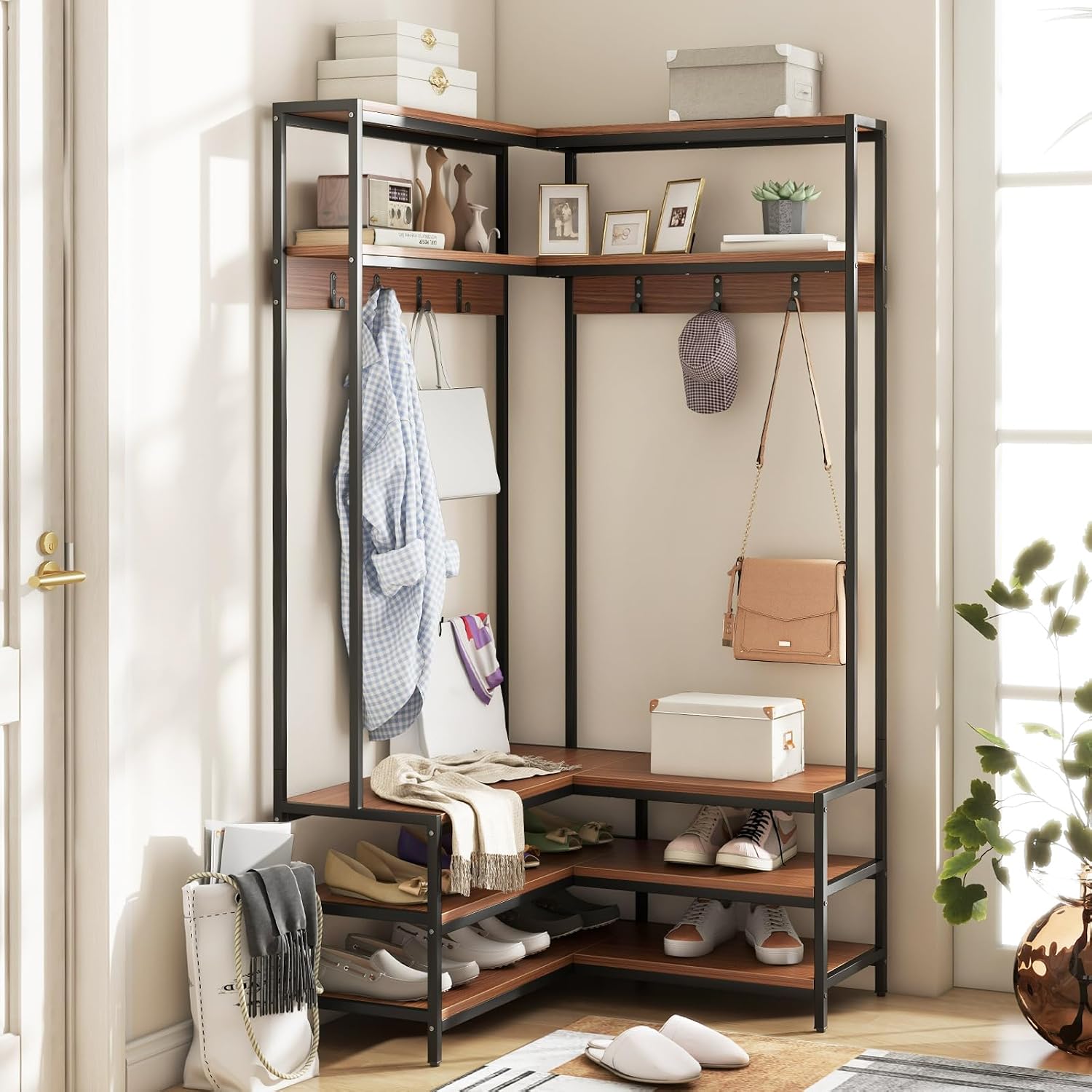 Giantex Corner Coat Rack with Shoe Bench, L-Shaped Garment Rack with 5 Shelves & 7 Hooks, Heavy Duty Freestanding Clothes Racks Entryway Bench with Shoes Organizer for Hallway (Walnut & Black)