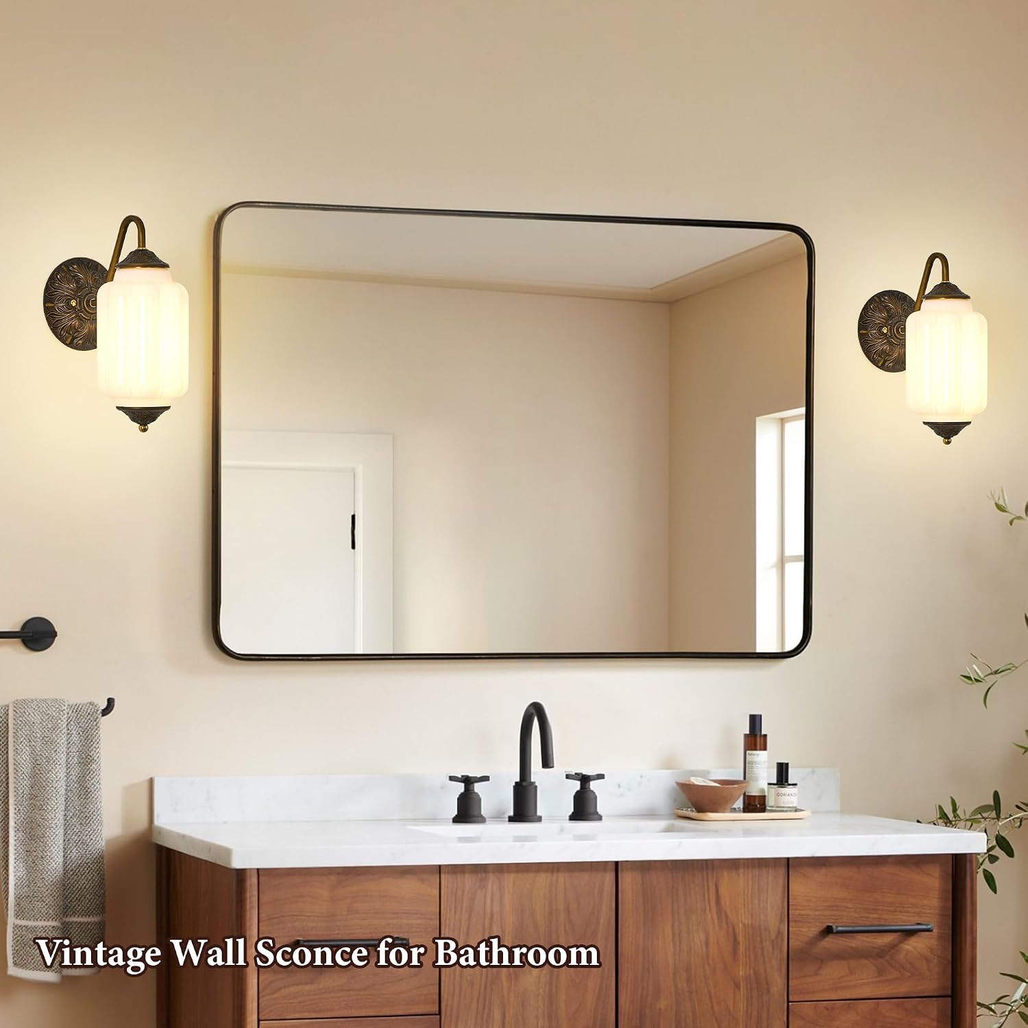Vintage Milk Glass Wall Sconce - Set of 2 White Dimmable Wall Mount Lighting with Bulbs - Antique Brass Gold Sconces - Mid Century Vanity Light Fixture for Bathroom Bedroom Living Room Hallway Decor