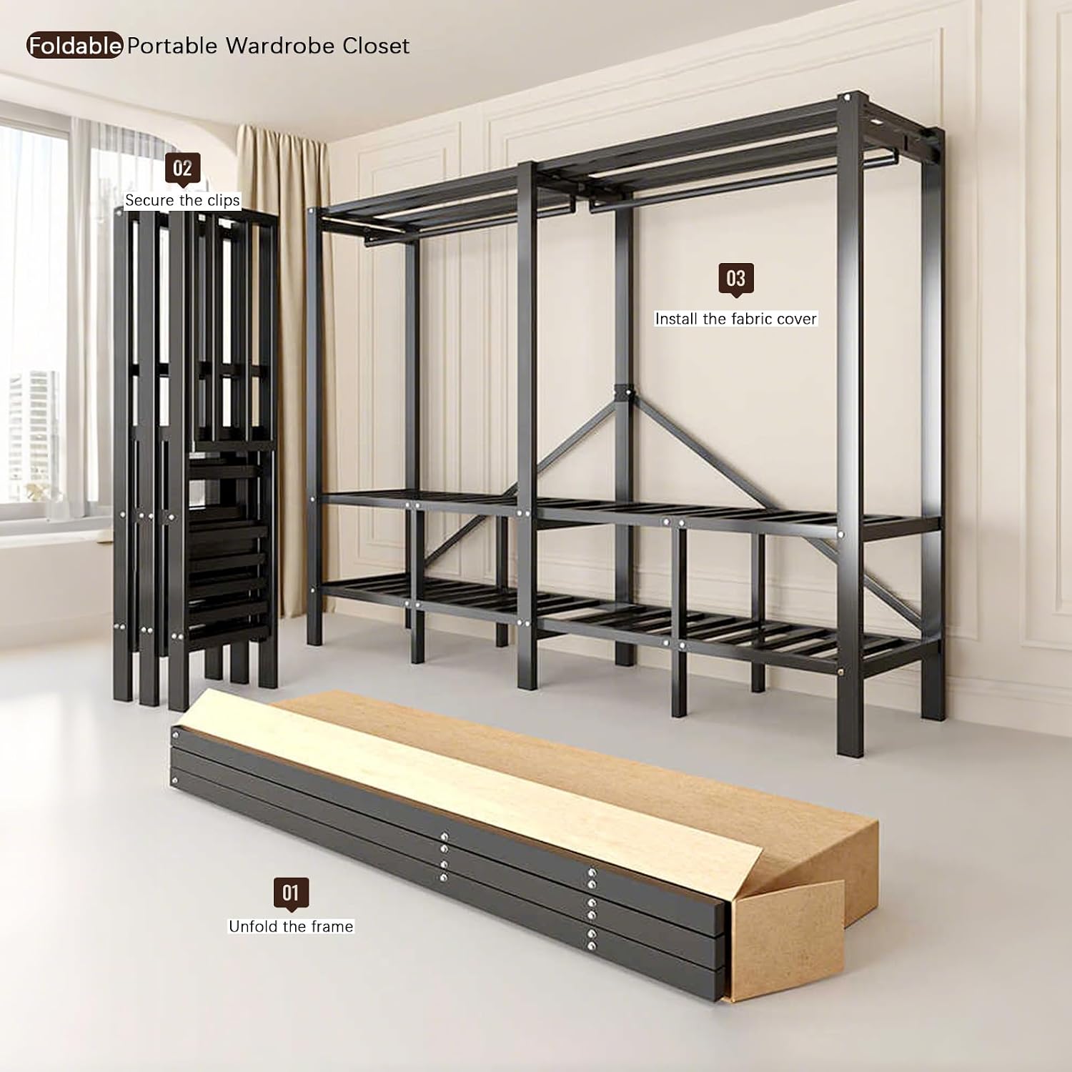 95.3in Foldable Portable Wardrobe Closet with Cover, Heavy Duty Clothing Rack for Hanging Clothes has 59in Vertical Storage Space, Coffee Metal Garment Rack (Coffee)
