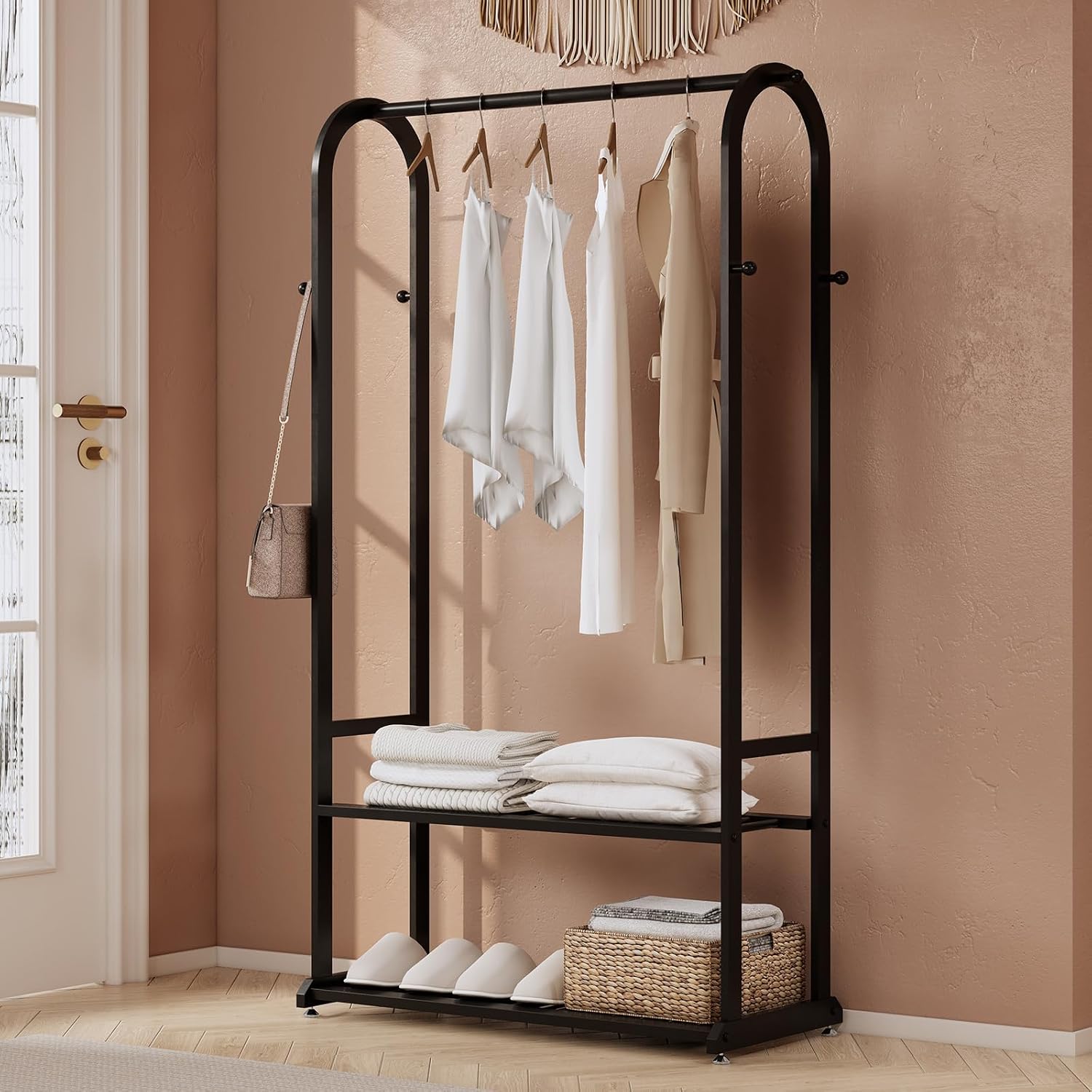 Freestanding Clothes Rack,Sturdy Metal Garment Racks for Hanging Clothes,Black Clothing Racks with bottom shelves & 6 Hooks,Multi-Functional Wardrobe Rack for Bedroom or Closet