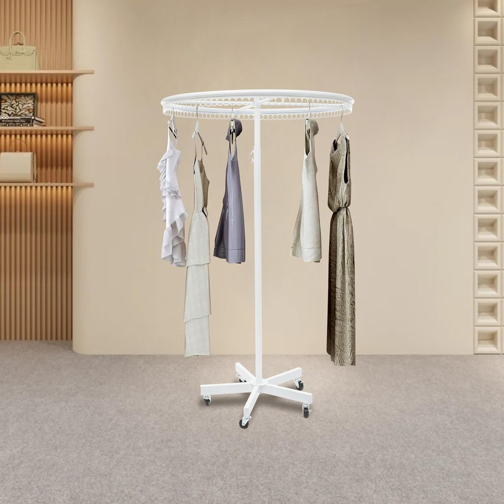 Rotatable Round Clothes Rack 360°Rotating Round Clothing Rack with Wheels Garment Display Racks for Shopping Centers, Clothing Stores 66lbs Capacity 45.7-74.8in Adjustable Height (White)