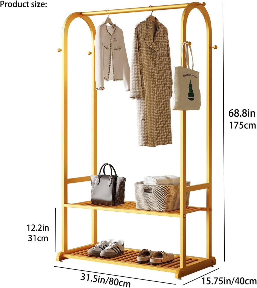 Gold Clothing Rack for Hanging Clothes,Sturdy metal clothes rack,Modern Garment Rack with Bottom Storage Shelves and 6 Side Hooks, Freestanding Wardrobe Rack for Bedroom or Closet