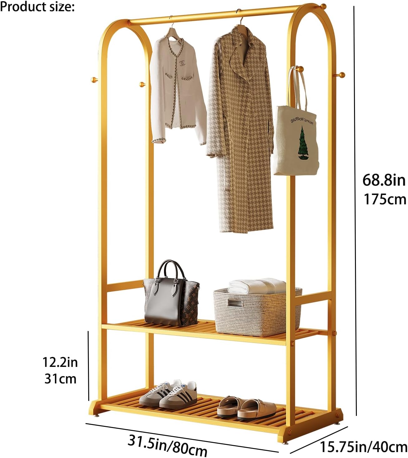 Gold Clothing Rack for Hanging Clothes,Sturdy metal clothes rack,Modern Garment Rack with Bottom Storage Shelves and 6 Side Hooks, Freestanding Wardrobe Rack for Bedroom or Closet