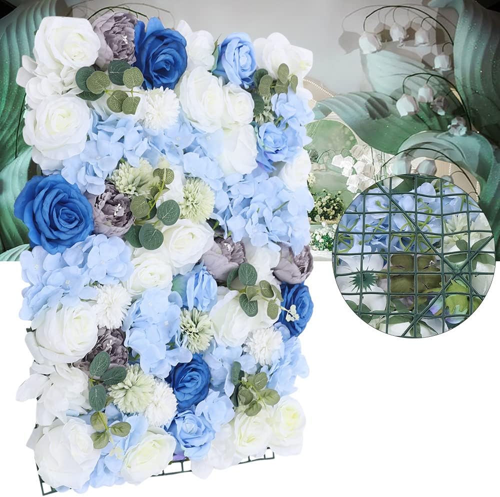 DNYSYSJ 6Pcs Artificial Flowers Wall Romantic Flower Wall for Background Decoration Silk Flower Roses Wall Panel Hanging Wedding Venue Main Road Decor Silk Flower Panels for Photo Backdrop (Blue)