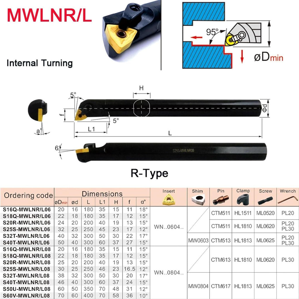 Lathe Boring Bar Machining Tools 32MM 40MM MWLNR MWLNL Cutting Internal Turning Tool Holder Matched Insert WNMG 1Pcs(MWLNR08,40mm S40T)