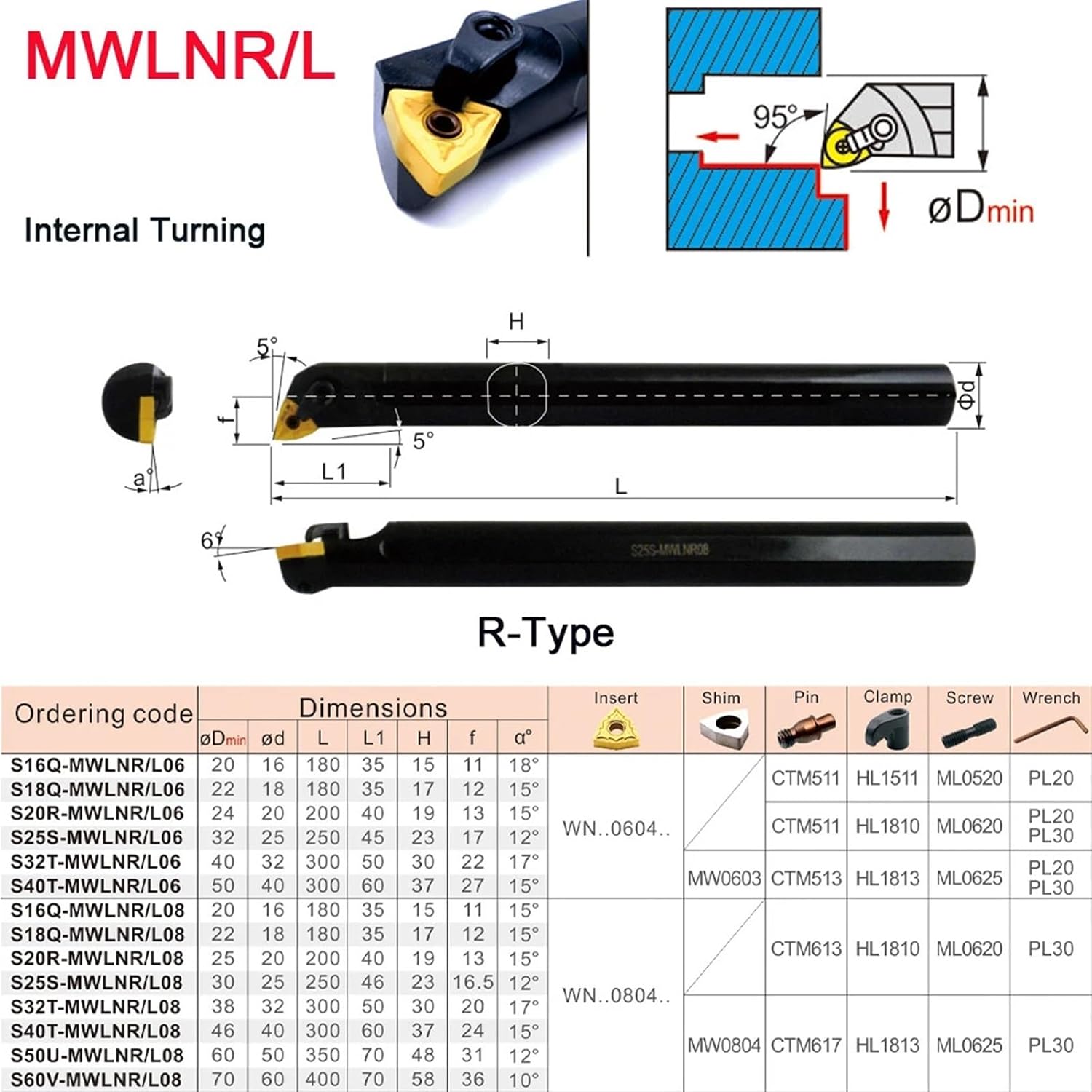 Lathe Boring Bar Machining Tools 32MM 40MM MWLNR MWLNL Cutting Internal Turning Tool Holder Matched Insert WNMG 1Pcs(MWLNR08,40mm S40T)