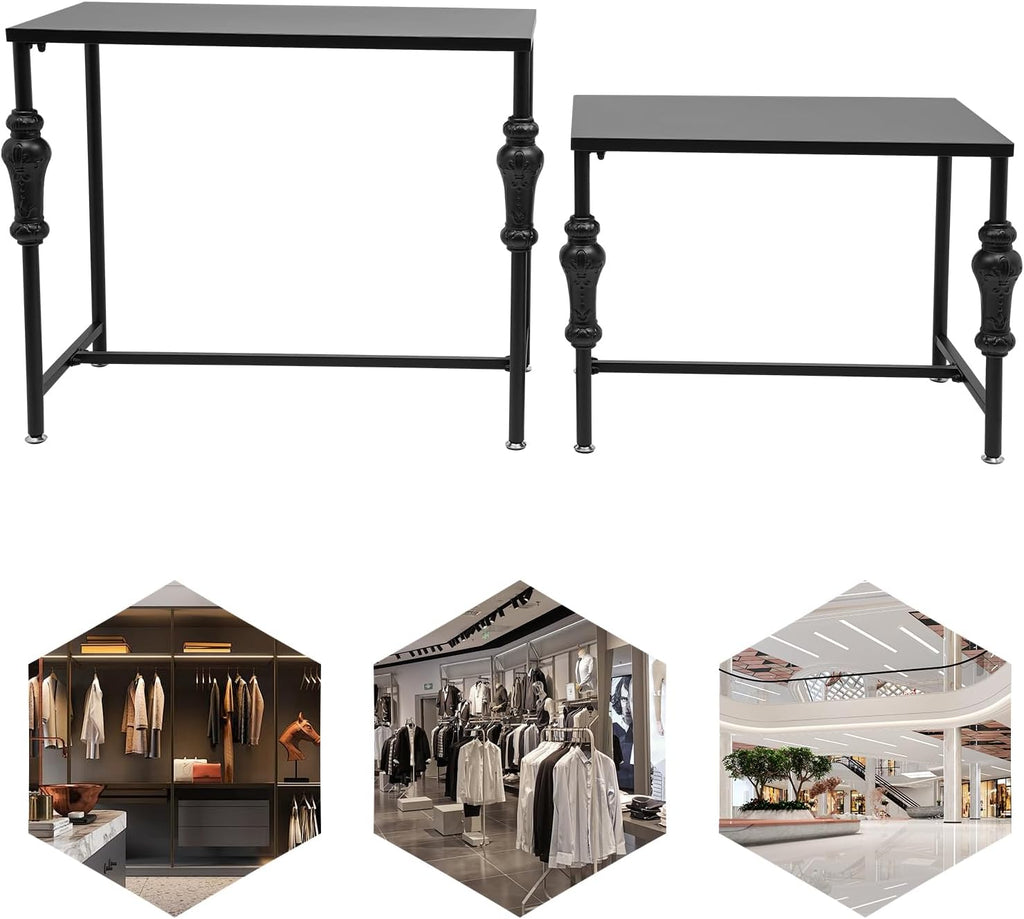 Set of 2 Industrial Retail Display Nesting Tables,Standing Retro Boutique Unit Storage Shelves,Garment Shoes Handbag Display Rack for Home Clothing Shop Hotel (Black)