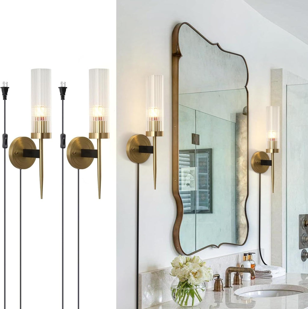 Brass Plug in Wall Sconces Set of Two Indoor Wall Mounted Lights Industrial Vintage Wall Lights Fixture with Clear Glass Shade Wall lamp Set of 2 for Bedside Bedroom Indoor Doorway E26 Base