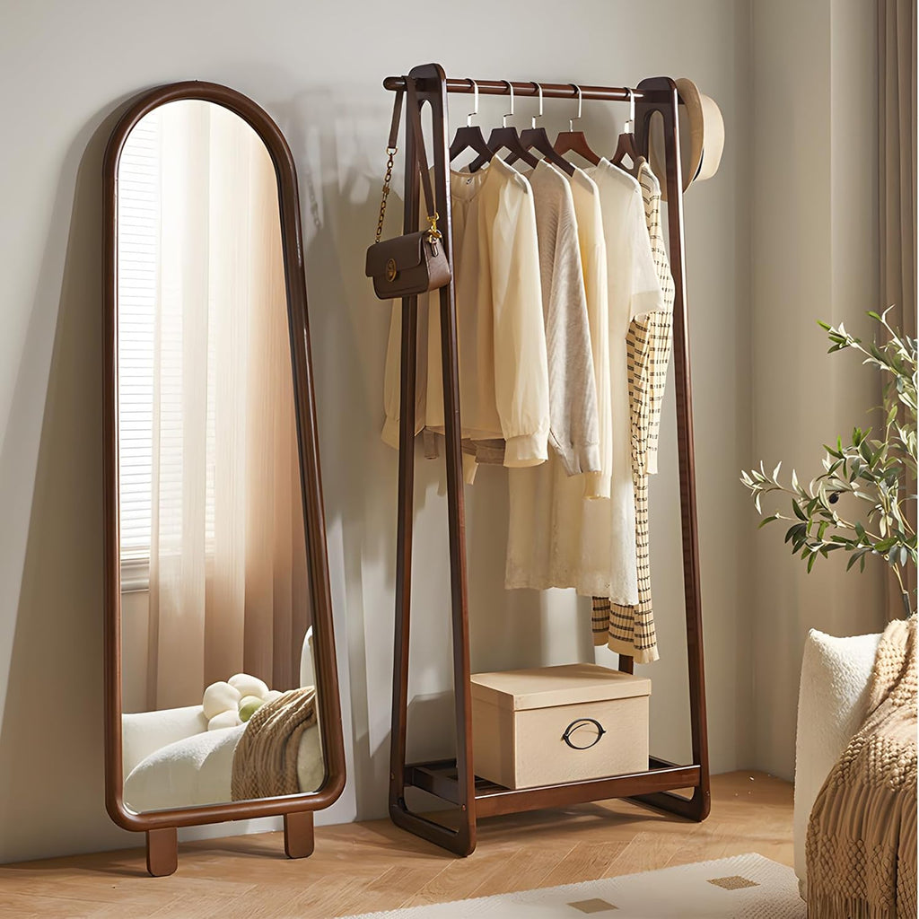 Solid Wood Clothing Rack with Shelf, Freestanding Garment Rack with Hooks, Rubberwood Clothes Organizer for Bedroom Entryway, Minimalist Wooden Clothes Stand (Walnut, 23.62 inches)
