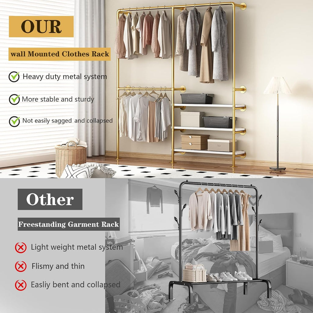 Industrial Pipe Clothing Rack, Gold Clothing Rack with Shelves, Wall Mounted Clothes Rack Heavy Duty Closet Organizers Wardrobe Multi-Purpose Storage Clothes Hanging Shelf - 70.8''L Gold