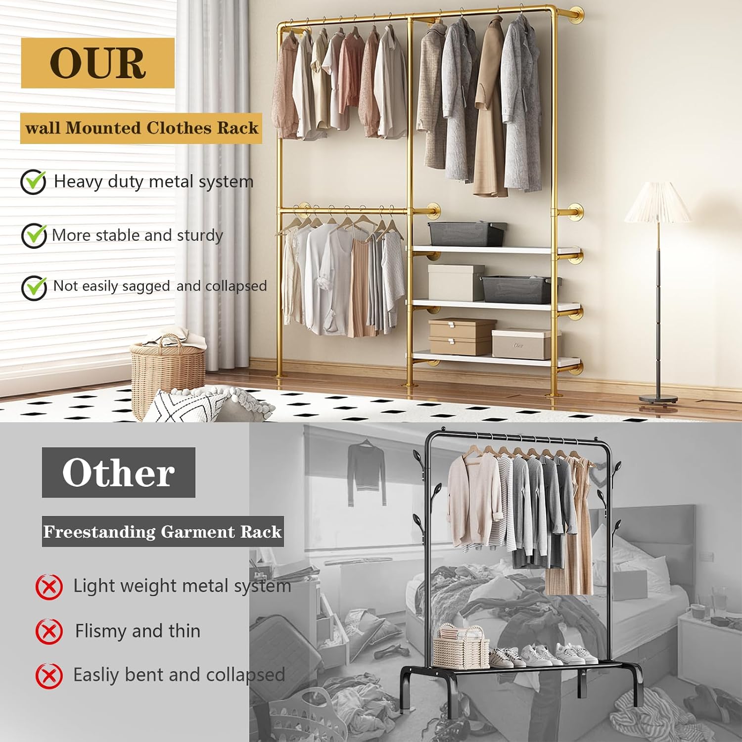 Industrial Pipe Clothing Rack, Gold Clothing Rack with Shelves, Wall Mounted Clothes Rack Heavy Duty Closet Organizers Wardrobe Multi-Purpose Storage Clothes Hanging Shelf - 70.8''L Gold