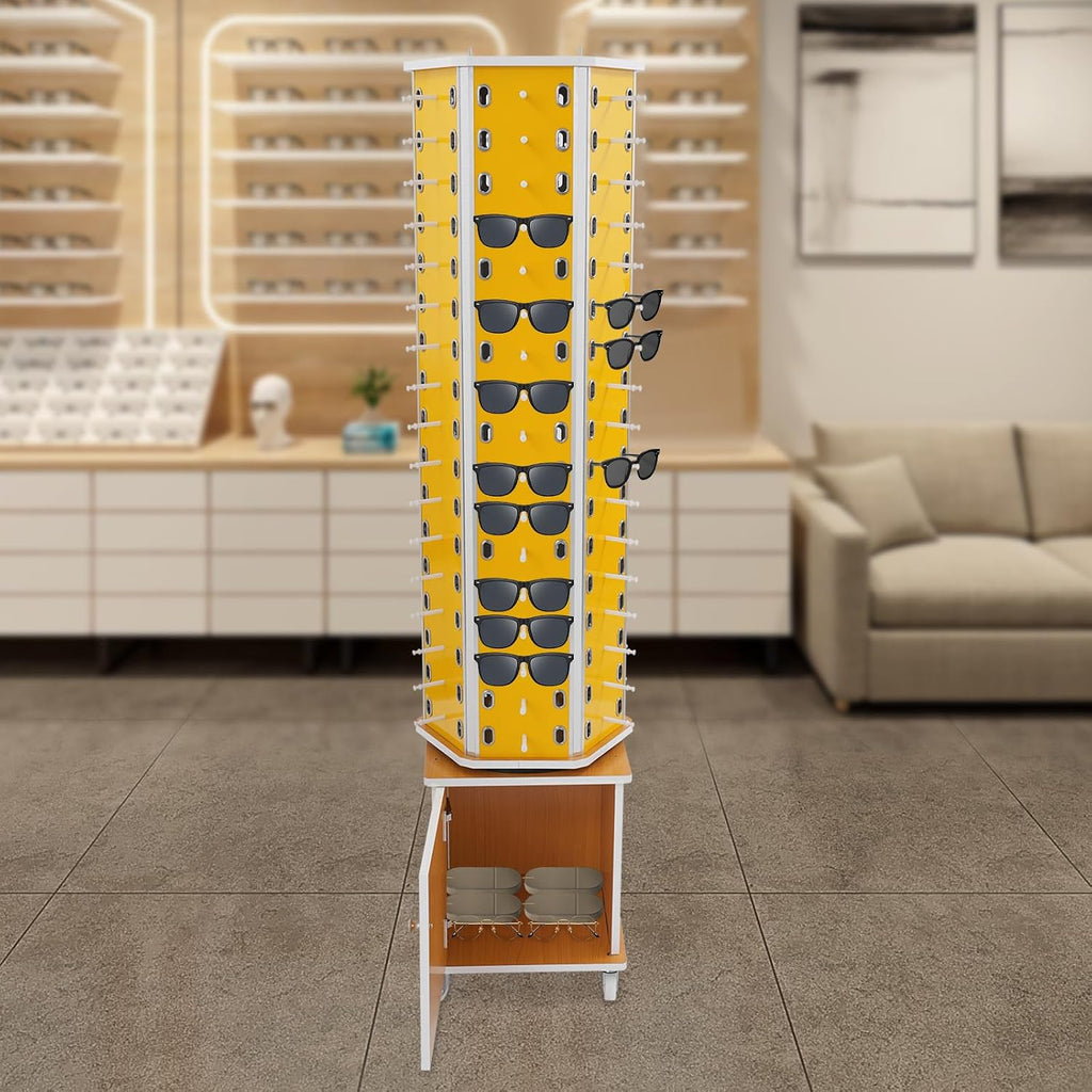 102 Pairs Rotating Glasses Display Stand, Eyewear Storage Organizer with Cabinet & Wheels, Commercial Sunglasses Display Rack, Optical Shop Glasses Holder (Yellow)