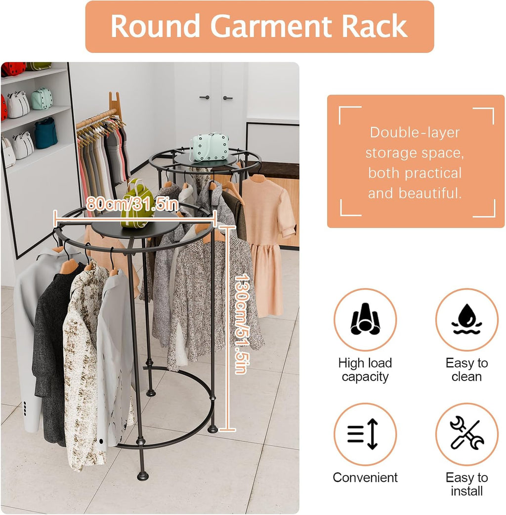Round Garment Rack,Freestanding Round Clothing Rack,Iron Clothes Hanging Rack with Topper,Metal Clothing Rack for Shopping Malls Retail Boutique Display Laundry Rooms Bedroom (Black)
