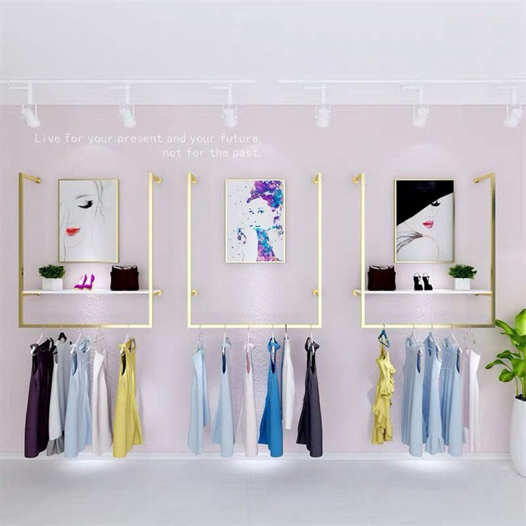 Clothing Store Square Tube Metal Display Stands, Entrance Porch Organization Hanging Garment Rack,Wall Mounted Storage Clothes Shoe Bag Pipe Shelf Bookshelf (Gold, 39' L)