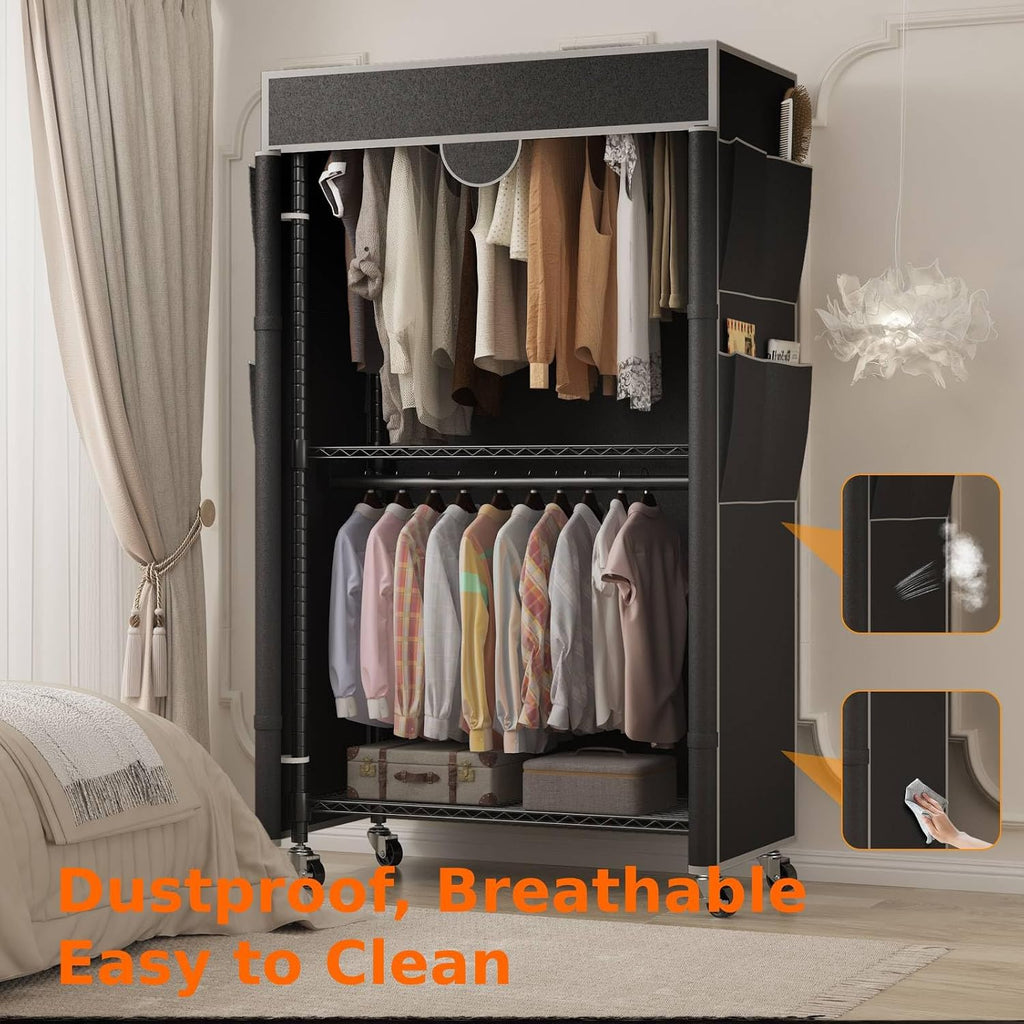 Homdox Garment Rack with Cover, Heavy Duty Clothing Rack for Hanging Clothes, Portable Closet Wardrobe, Double Rods Garment Rack with wheels, 35.1' W x 17.4' D x 80.6' H, Black