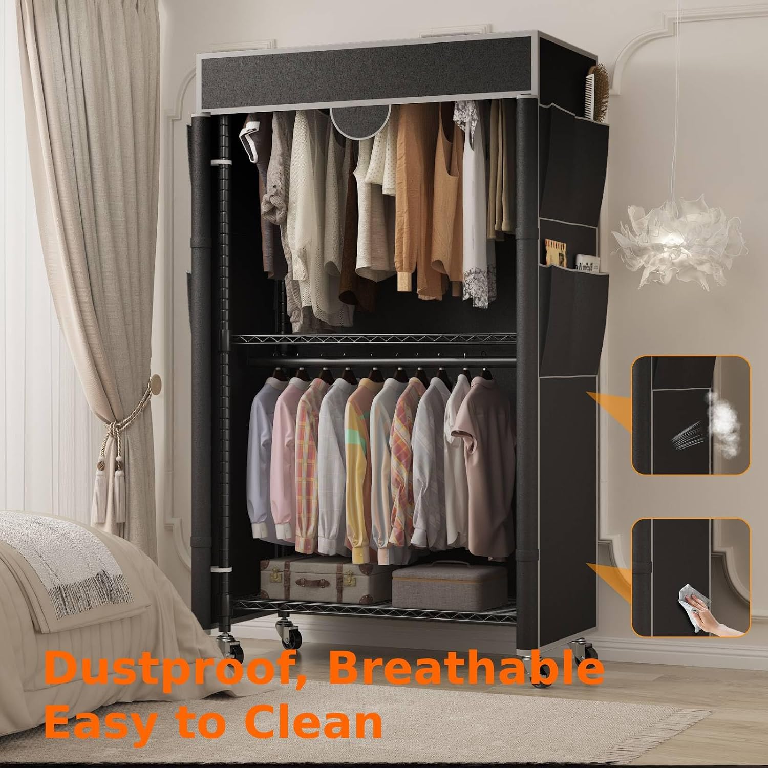 Homdox Garment Rack with Cover, Heavy Duty Clothing Rack for Hanging Clothes, Portable Closet Wardrobe, Double Rods Garment Rack with wheels, 35.1' W x 17.4' D x 80.6' H, Black