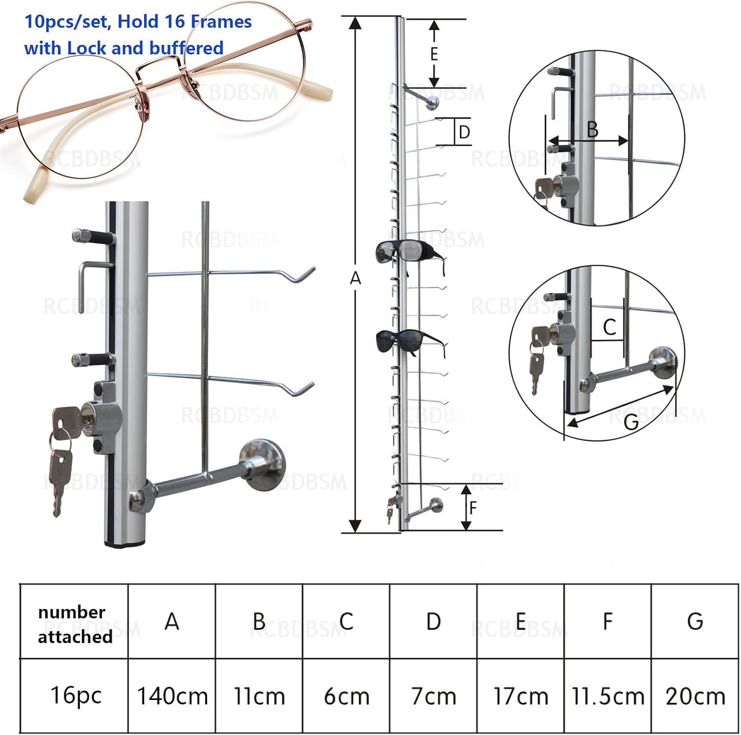 Eyeglass Display Racks Lockable Sunglasses Glasses Organizer Wall Mount Storage Stand - Aluminium Frame Holder, Set of 10 (4.5ft, Holds 16 Frames)