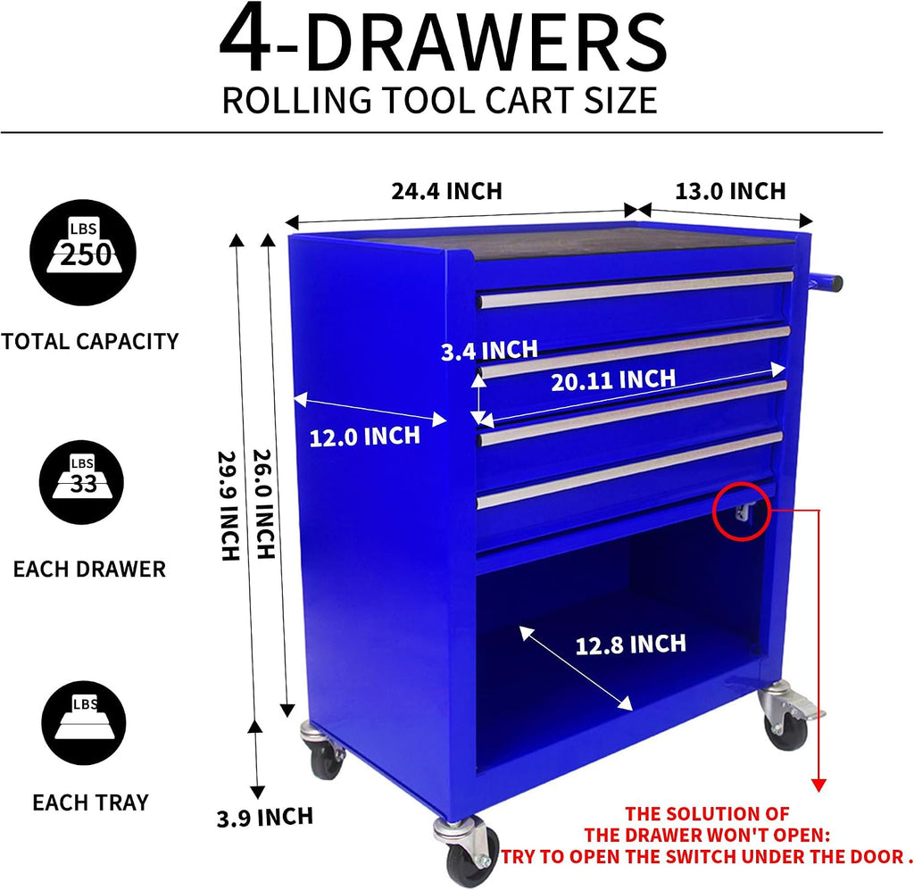 Larmliss Tool Cart on Wheels 24.4in，4 Drawers Rolling Tool Box，Locked Drawers Storage Organizer Cabinet for Garage, Warehouse, Repair Shop, Workshop