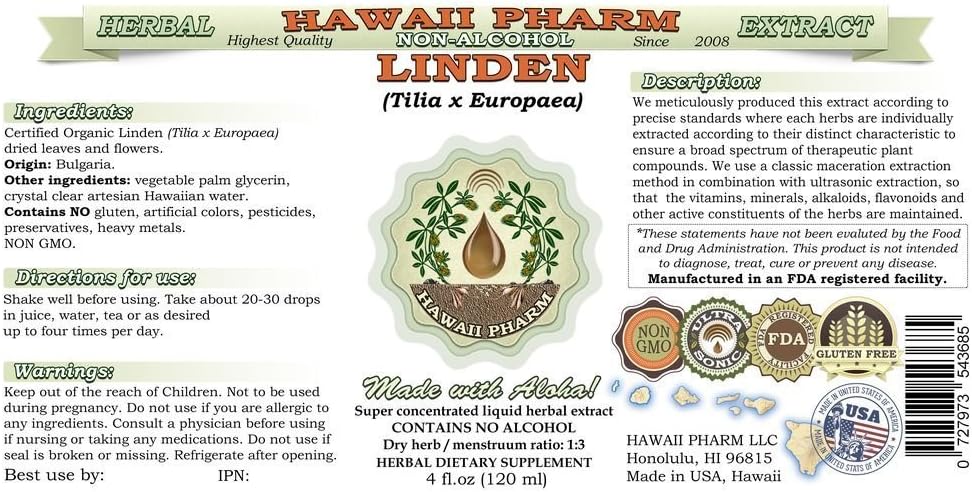 Hawaii Pharm Linden Alcohol-Free Liquid Extract, Professional Grade, Small Batch Linden (Tilia x Europaea) Dried Leaf and Flower Glycerite 64 oz